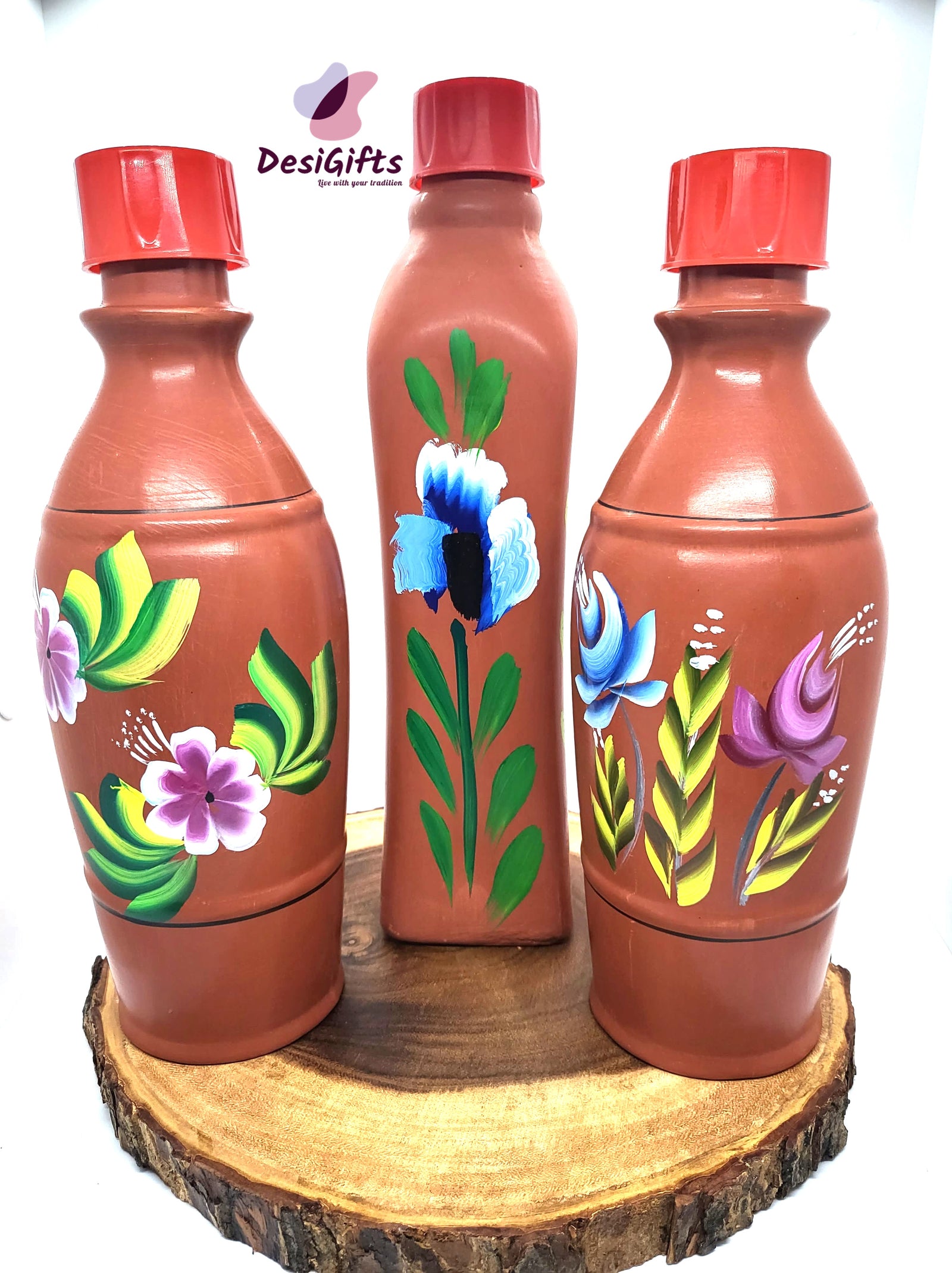Handmade 11" Clay Water Bottle, Assorted Designs, CPT#517