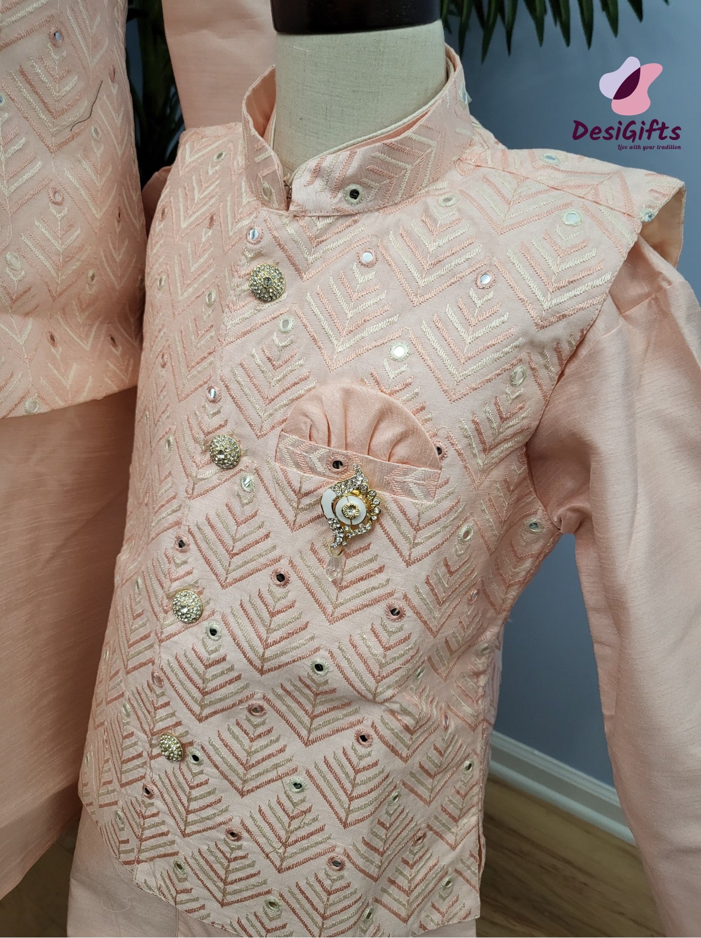 Apricot Shade Exclusive 3 Piece Kurta Pajama with Jacket Set-Silk Design D&M# 560