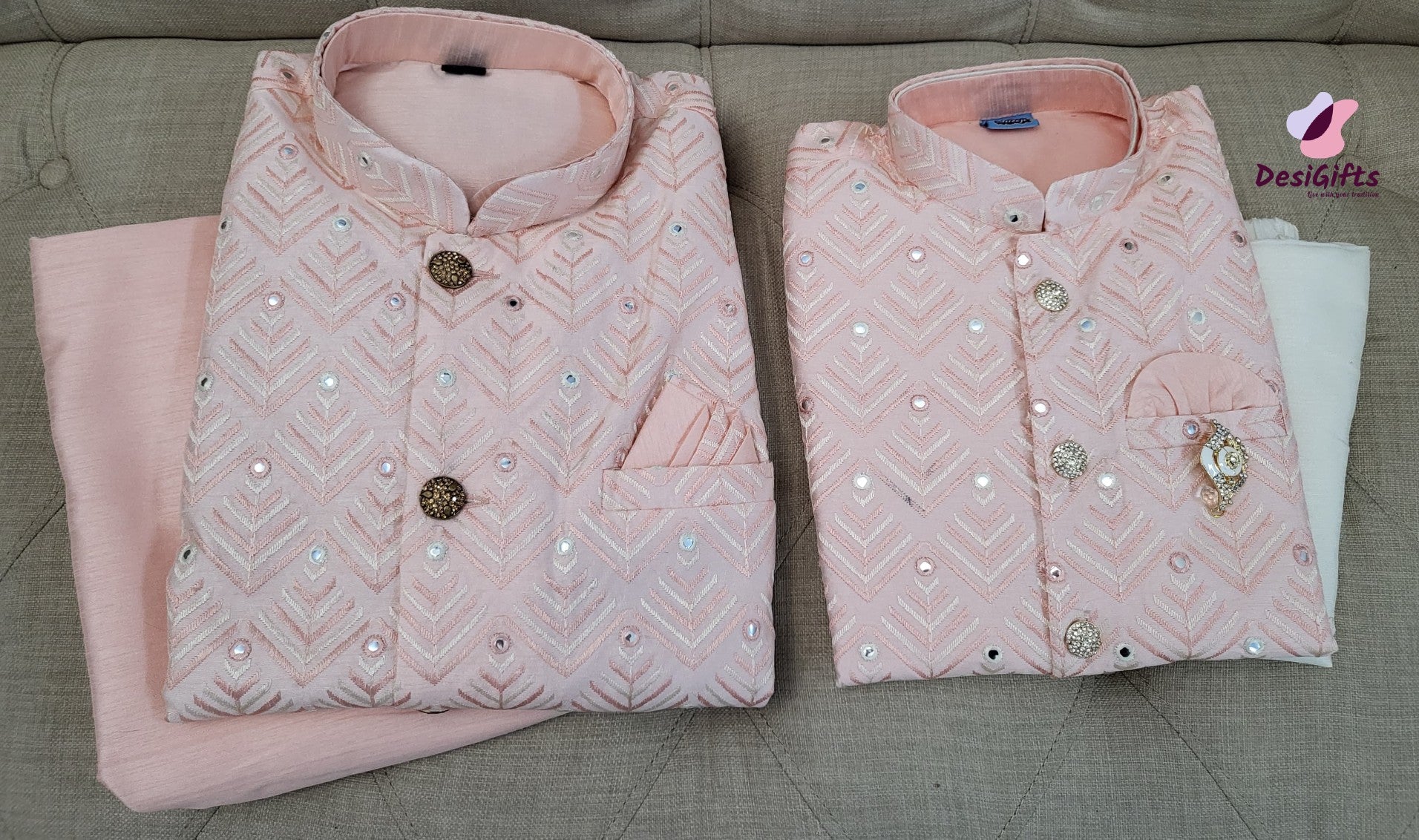 Apricot Shade Exclusive 3 Piece Kurta Pajama with Jacket Set-Silk Design D&M# 560