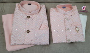 Dad & Me Combo: Apricot Shade Exclusive 3 Piece Kurta Pajama with Jacket Set-Silk Design D&M# 560