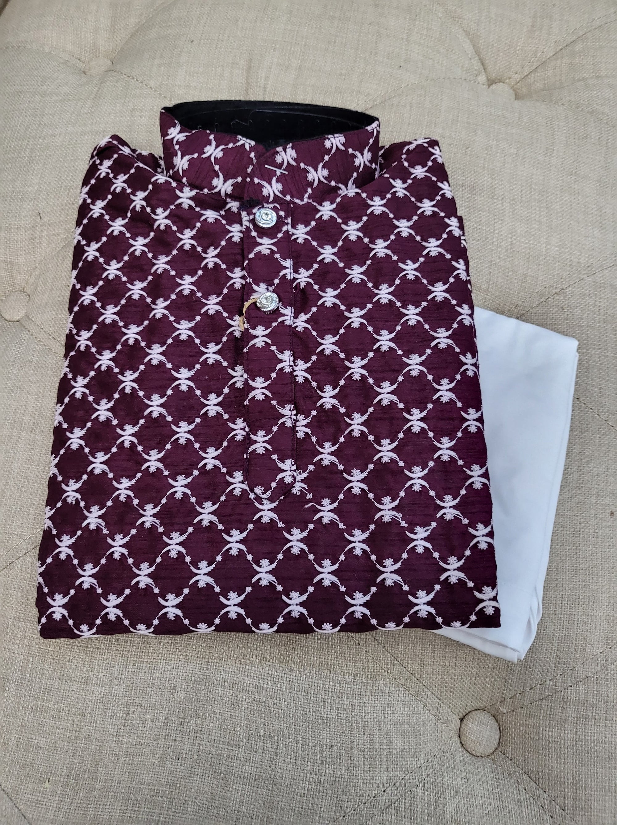 Boy's Cotton Silk  Burgundy Shade Embroidered Kurta Pajama Set, Design# B-564