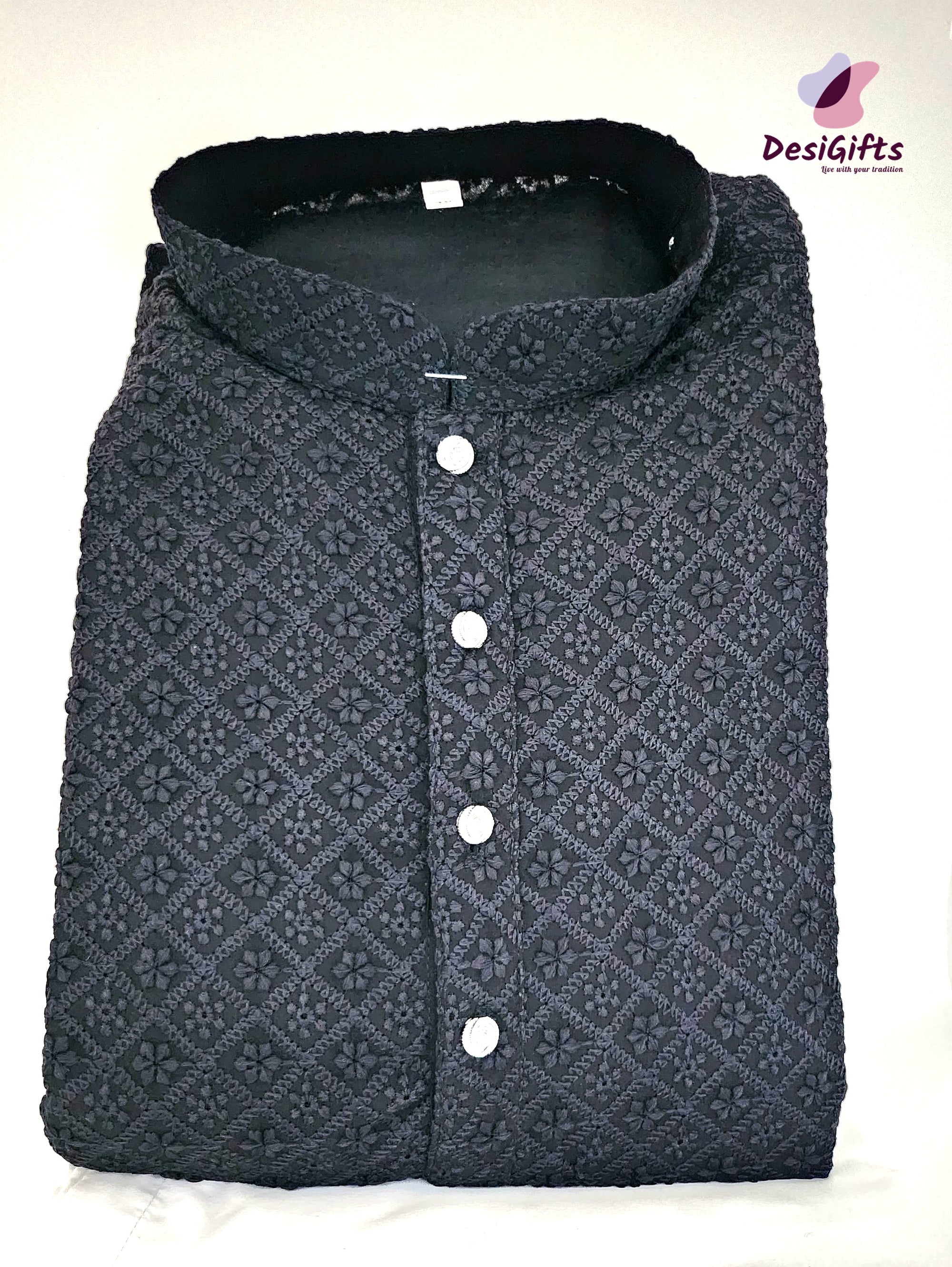 Size 38 Black Cotton Chickenkari Kurta Pajama Set, Design KPS# 654