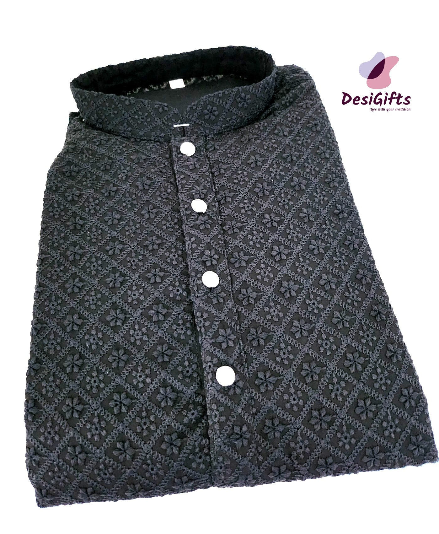 Size 38 Black Cotton Chickenkari Kurta Pajama Set, Design KPS# 654