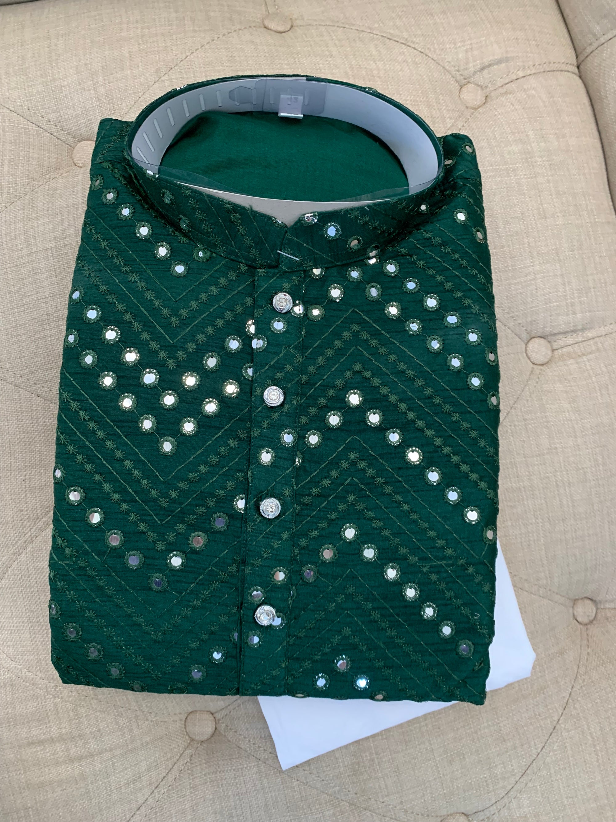 Green Shade Cotton Silk Kurta Pajama Set with Mirror work # 574