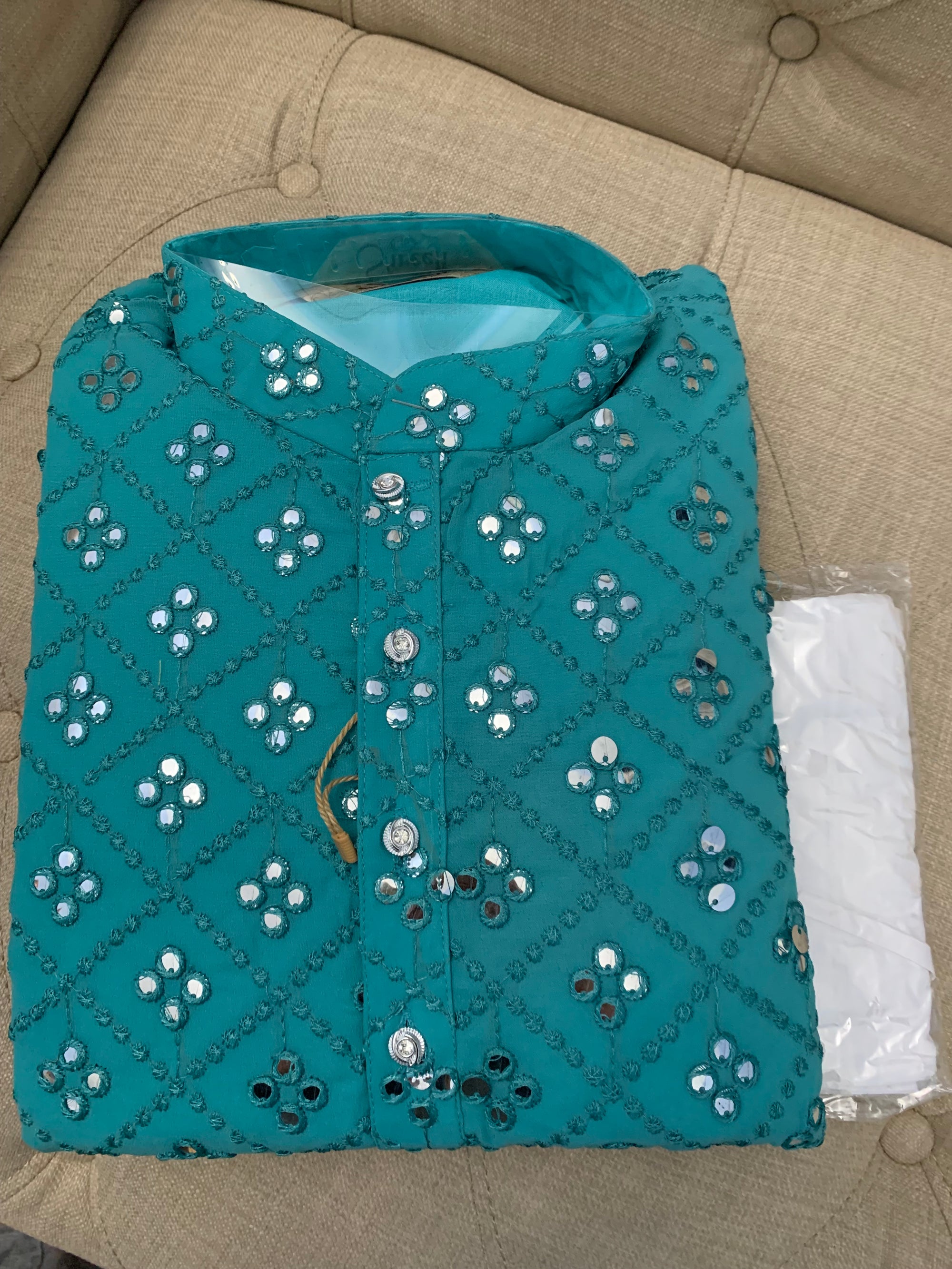 Teal Shade Cotton Silk Kurta Pajama Set with mirror work # 576