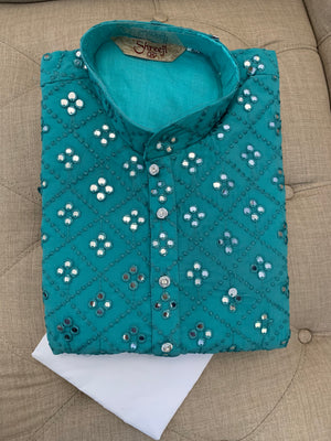 Teal Shade Cotton Silk Kurta Pajama Set with mirror work # 576