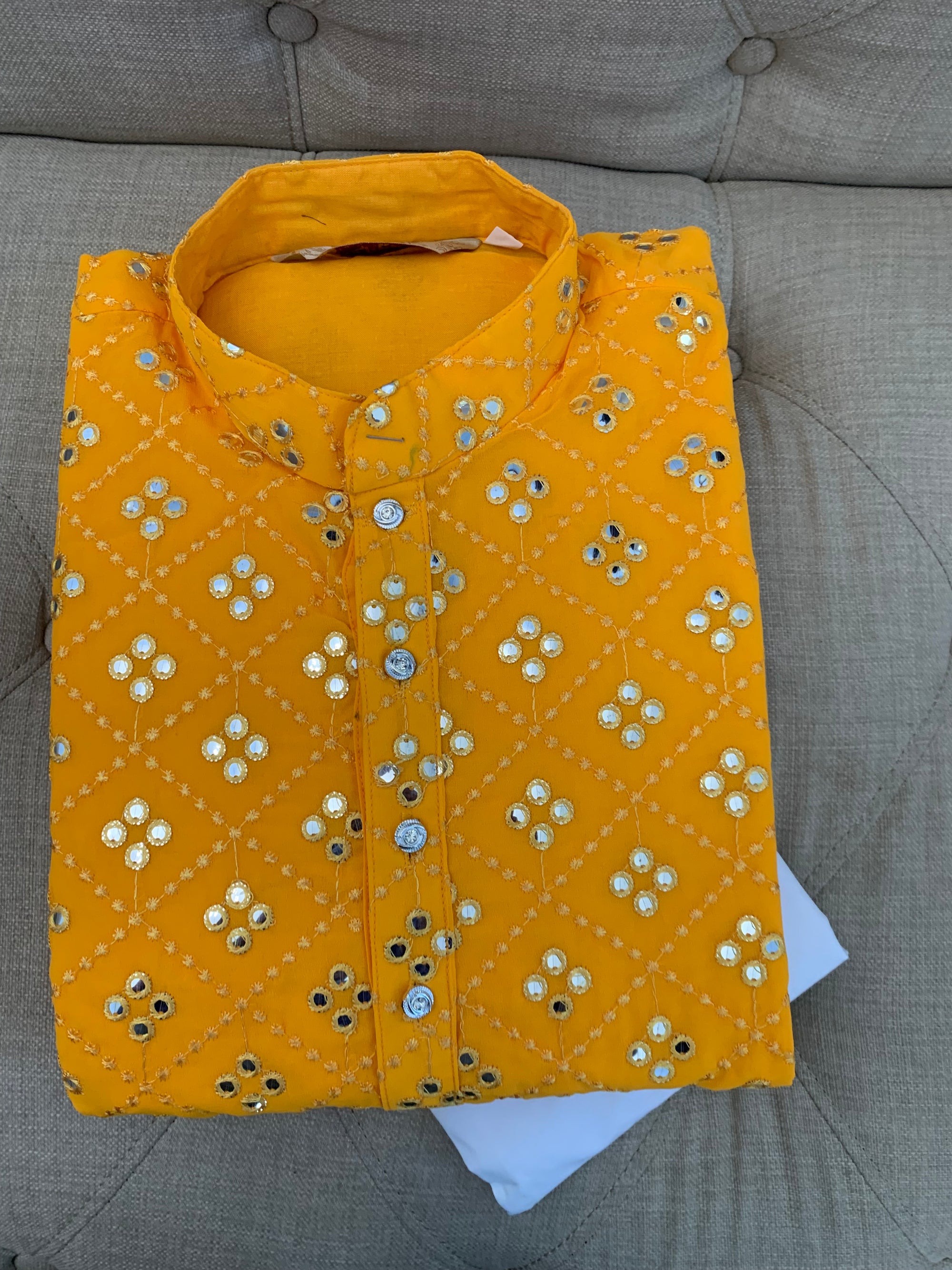 Yellow Embroidered Mirror Work Kurta Pajamas Set, Size 2- D&M- 577a