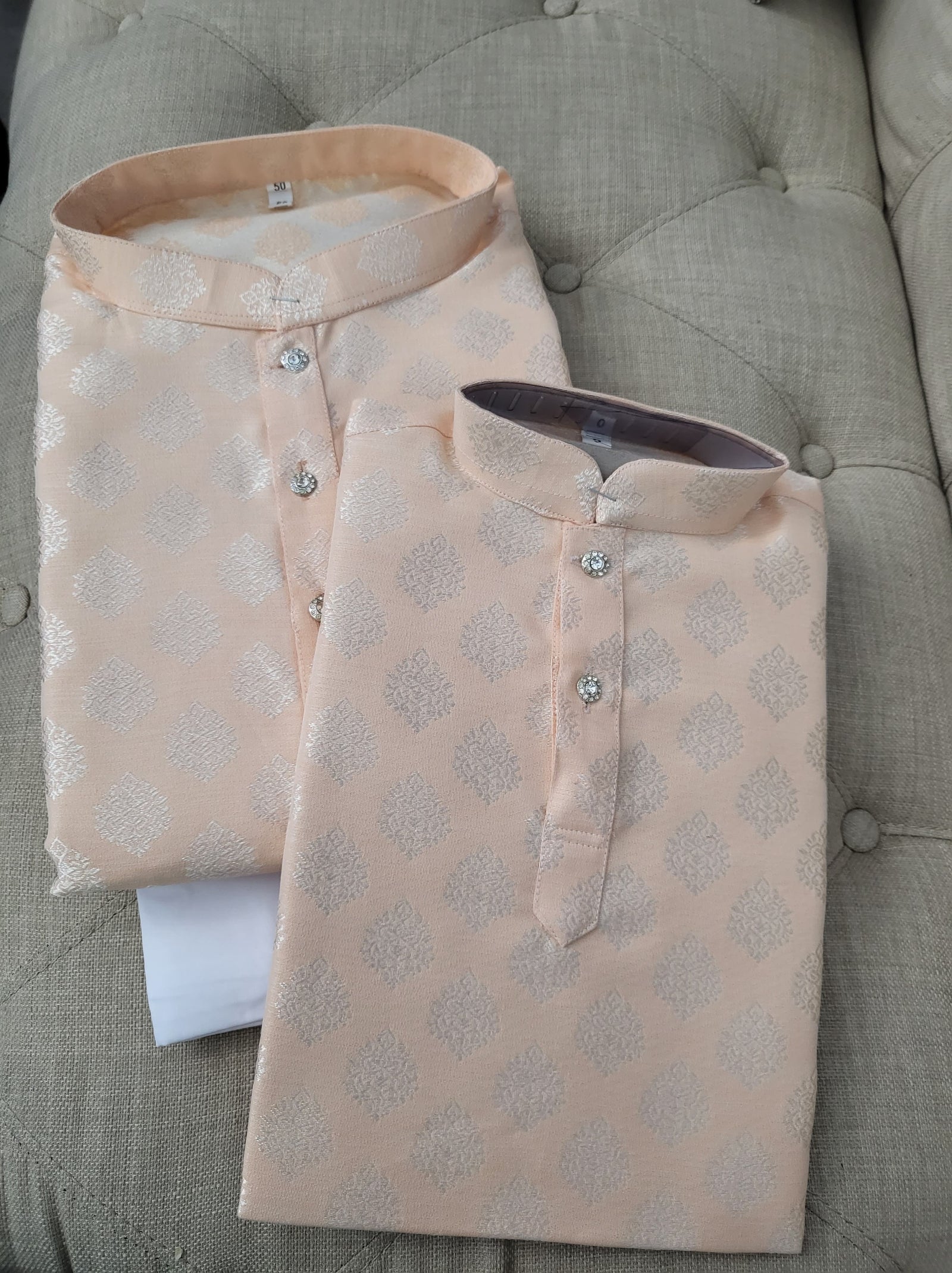 Banarasi Silk Light Carrot Shade Kurta Pajama Set, Design# DM-587