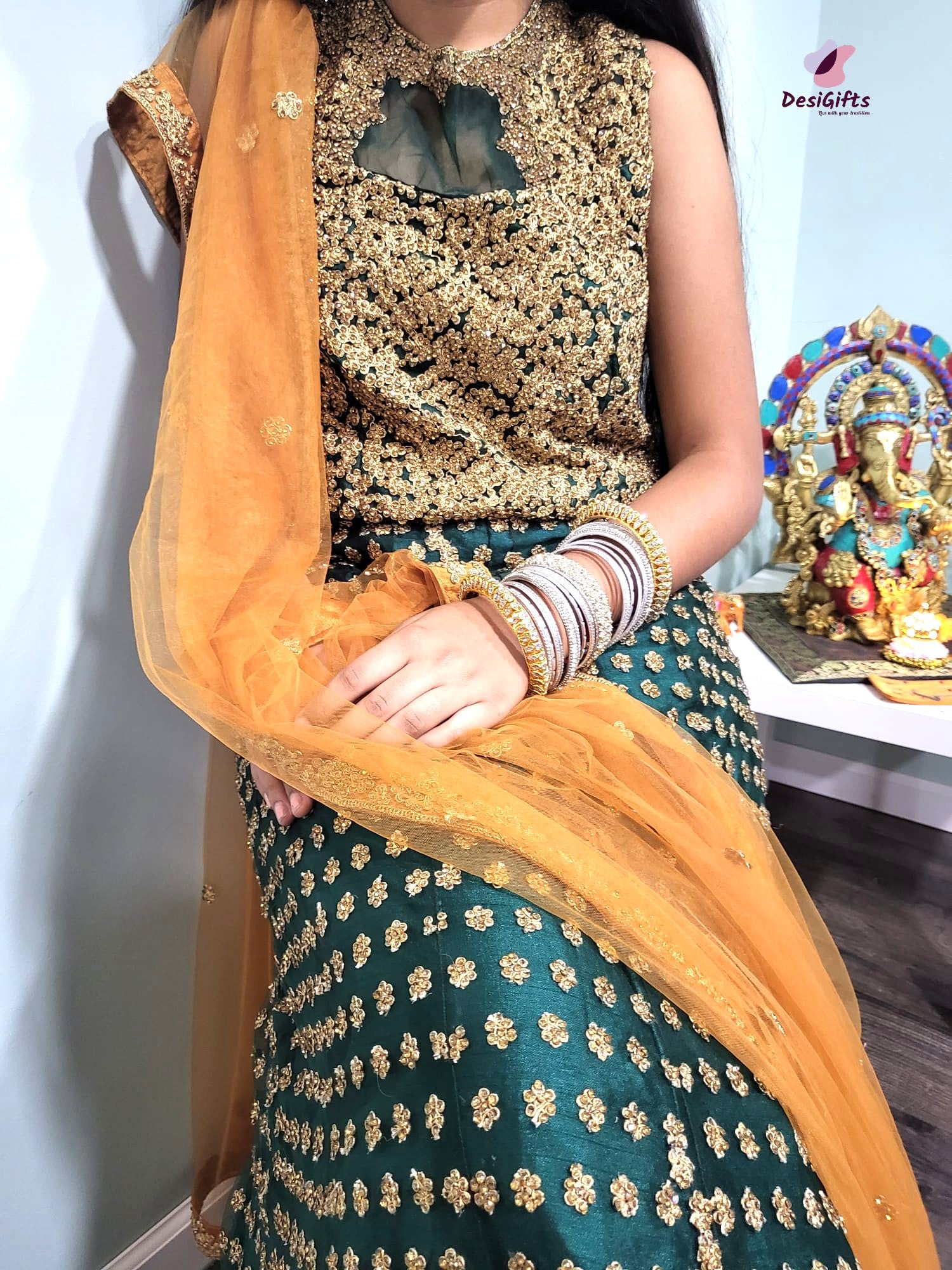 Exclusive Basil Green Gown with Heavy Golden Work, Design GWN #935