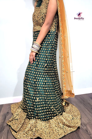 Exclusive Basil Green Gown with Heavy Golden Work, Design GWN #935