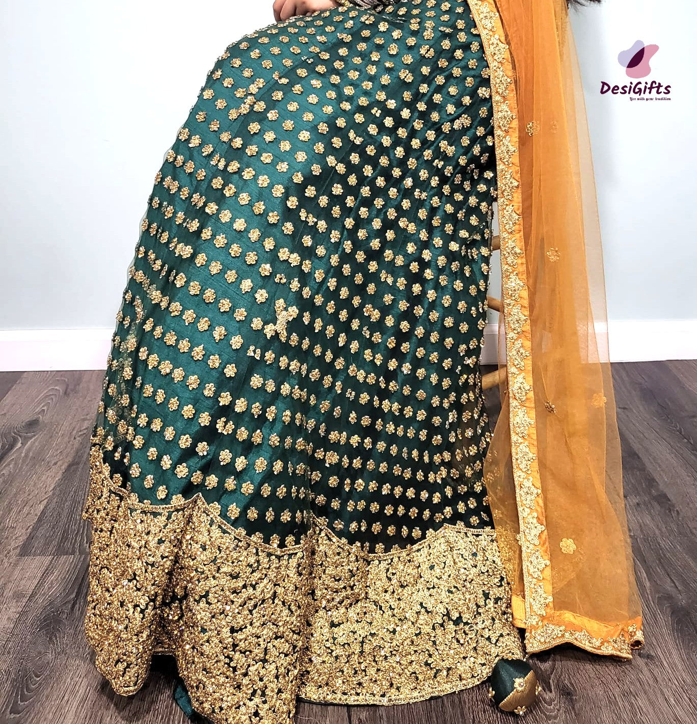 Exclusive Basil Green Gown with Heavy Golden Work, Design GWN #935