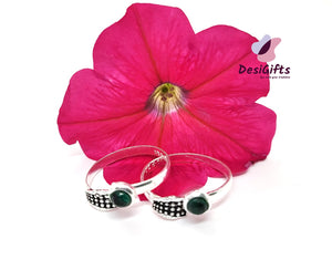 Pure Silve Toe Rings with Studded Green Stones, Free Size, SLTR# 627