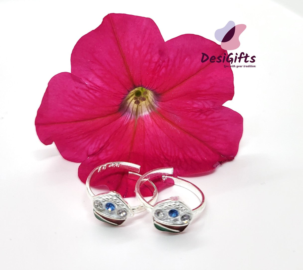 Pure Silver Toe Rings with Studded Stones, Adjustable, SLTR# 629
