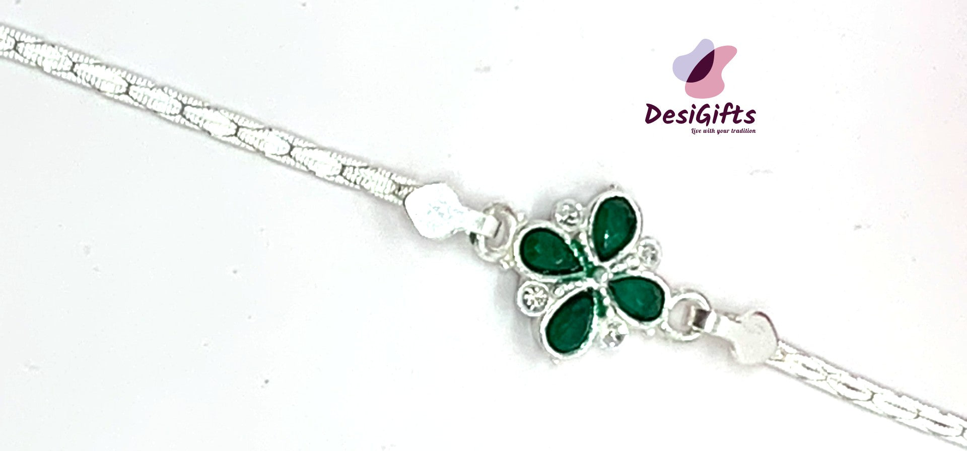 Silver Rakhi with Green Stone Studded Floral Design, SLD# 643