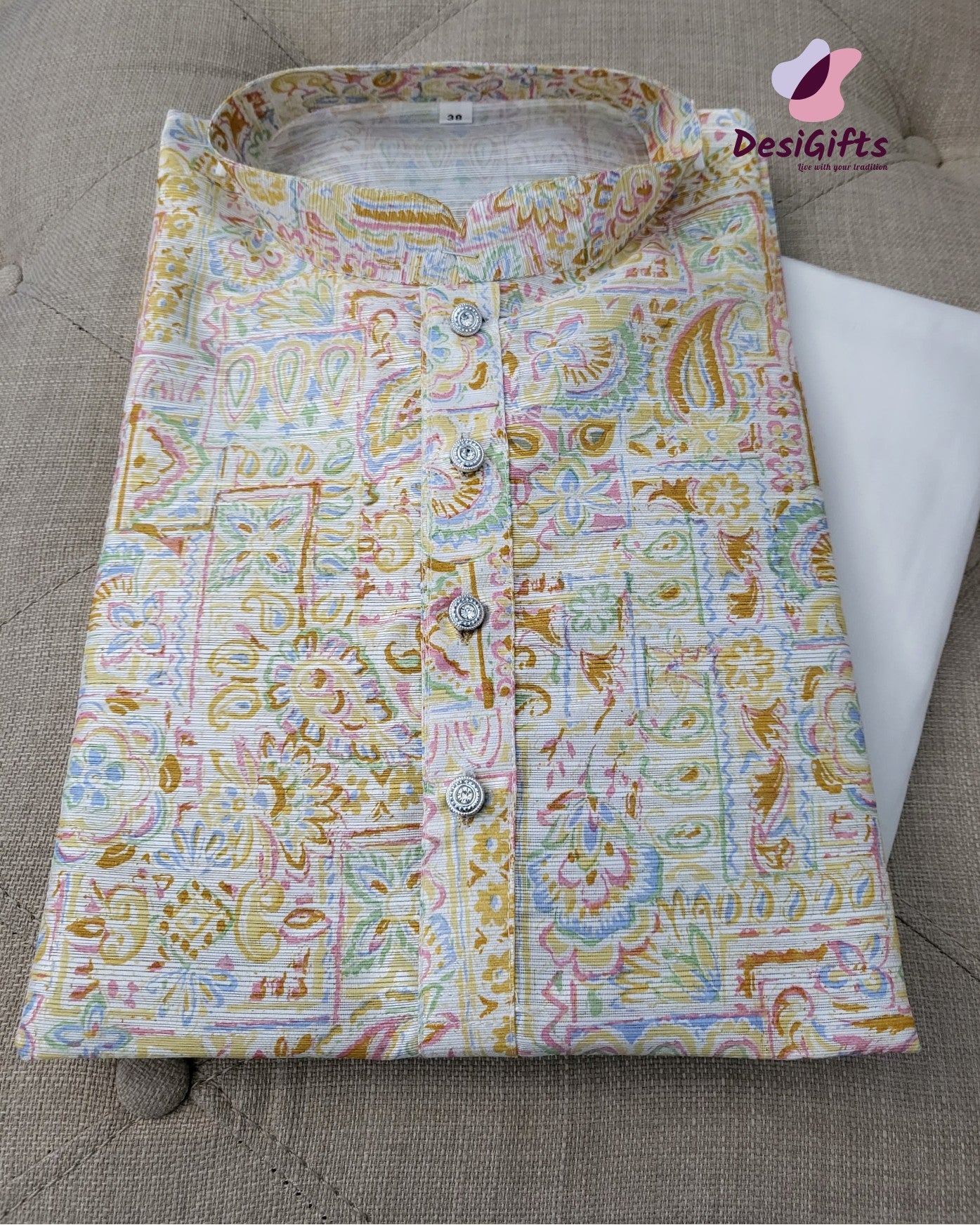 Festive Season Printed Butter Yellow Kurta Pajama Set-Cotton Silk, Design KPS# 652