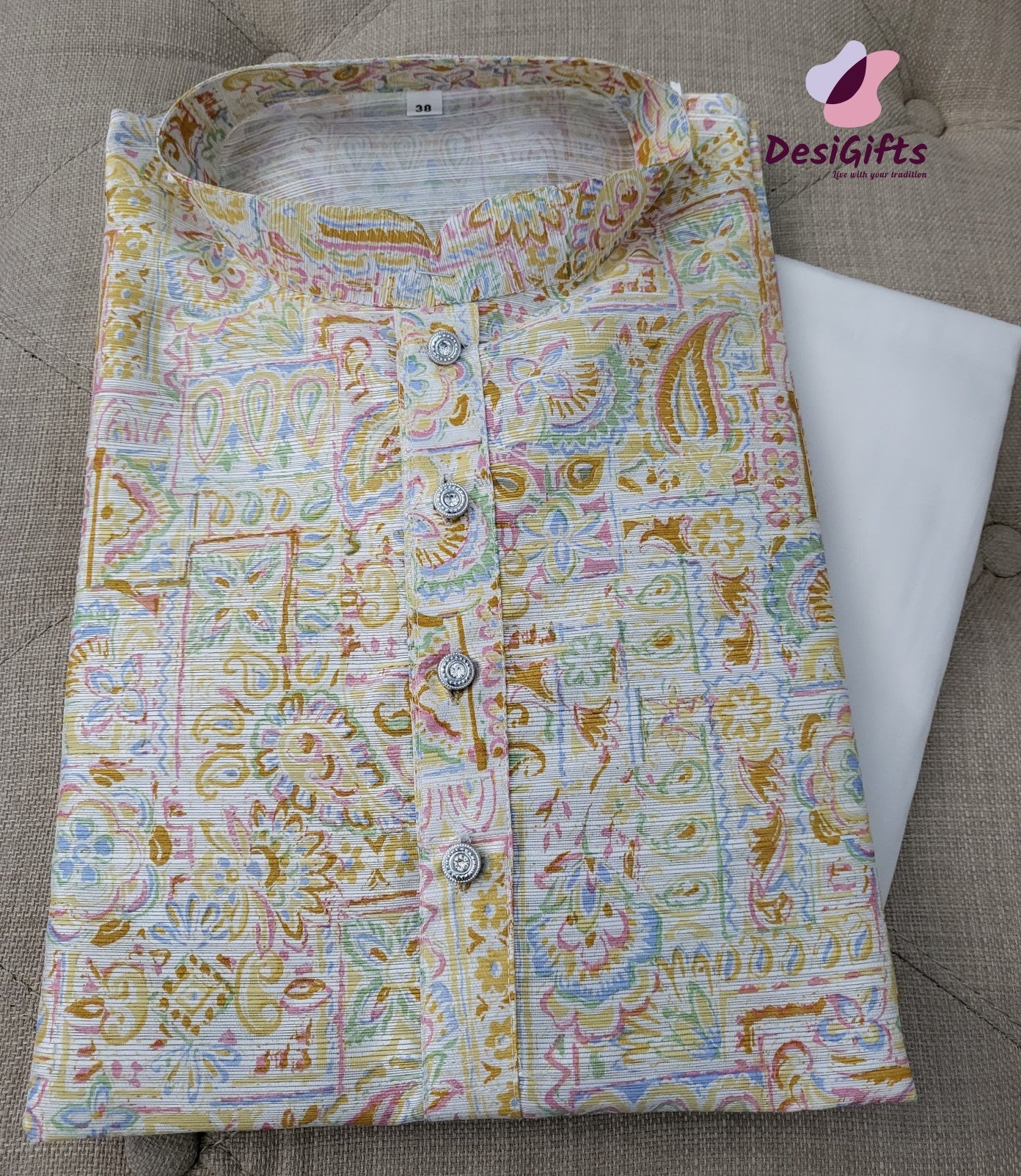 Size 38 Festive Season Printed Butter Yellow Kurta Pajama Set-Cotton Silk, Design KPS# 652
