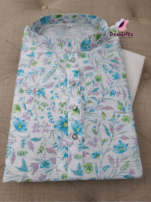 Size 46 Festive Season Printed Arctic Blue Kurta Pajama Set-Cotton Silk, Design KPS# 653