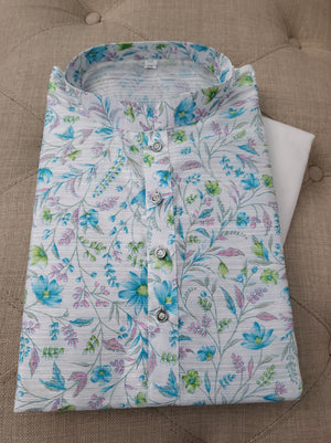 Size 46 Festive Season Printed Arctic Blue Kurta Pajama Set-Cotton Silk, Design KPS# 653