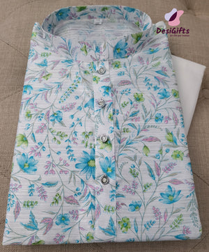 Festive Season Printed Arctic Blue Kurta Pajama Set-Cotton Silk, Design KPS# 653