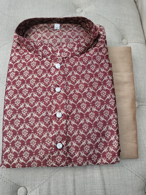 Size 38 Self Woven Maroon Kurta Pajama Set-Cotton Silk, Design KPS# 655