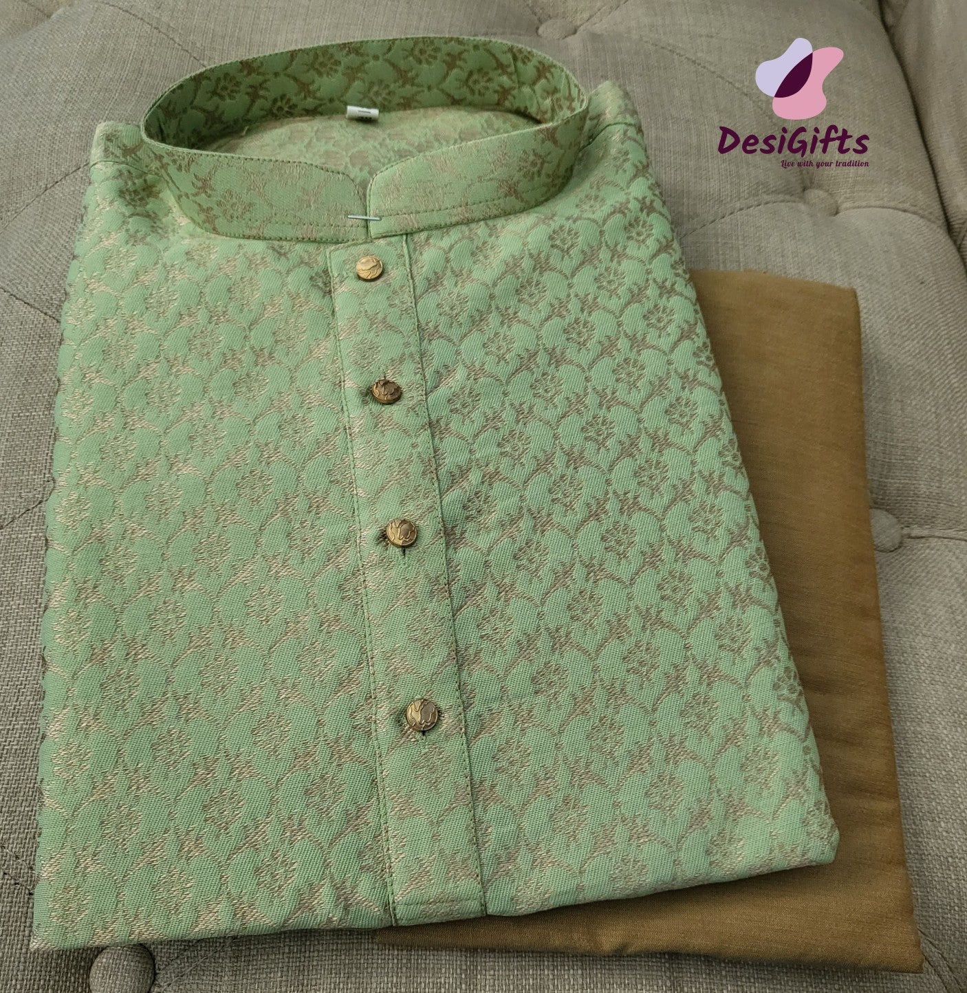 Size 38 Self Woven Pista Green Kurta Pajama Set-Cotton Silk, Design KPS# 657