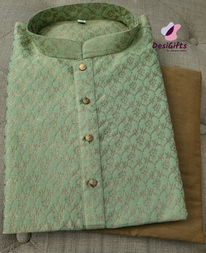 Size 38 Self Woven Pista Green Kurta Pajama Set-Cotton Silk, Design KPS# 657