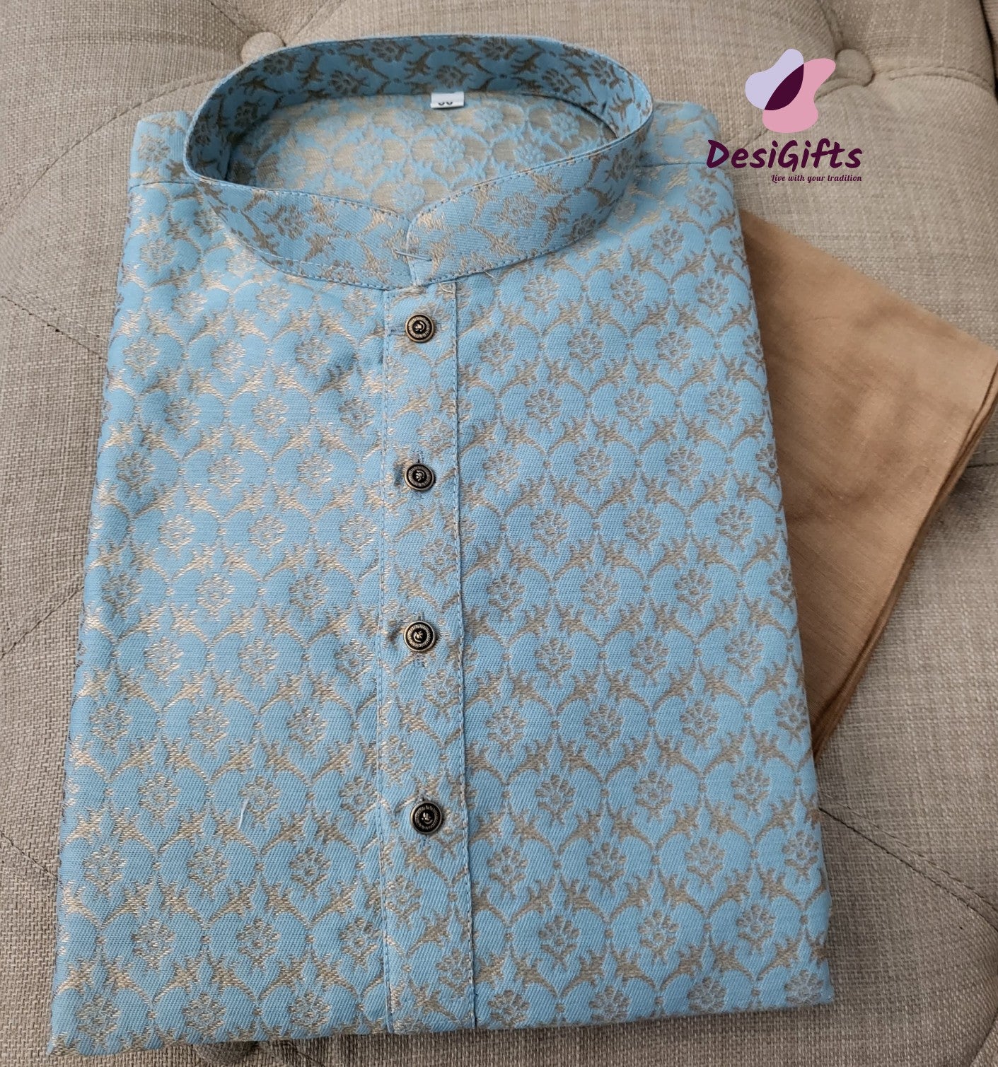 Size 38 Self Woven Sky Blue Kurta Pajama Set-Cotton Silk, Design KPS# 660