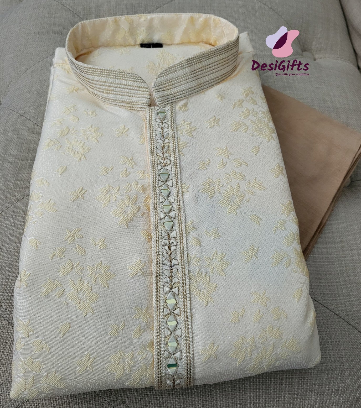 Cream Kurta Pajama Set-Cotton Silk, Design KPS# 662