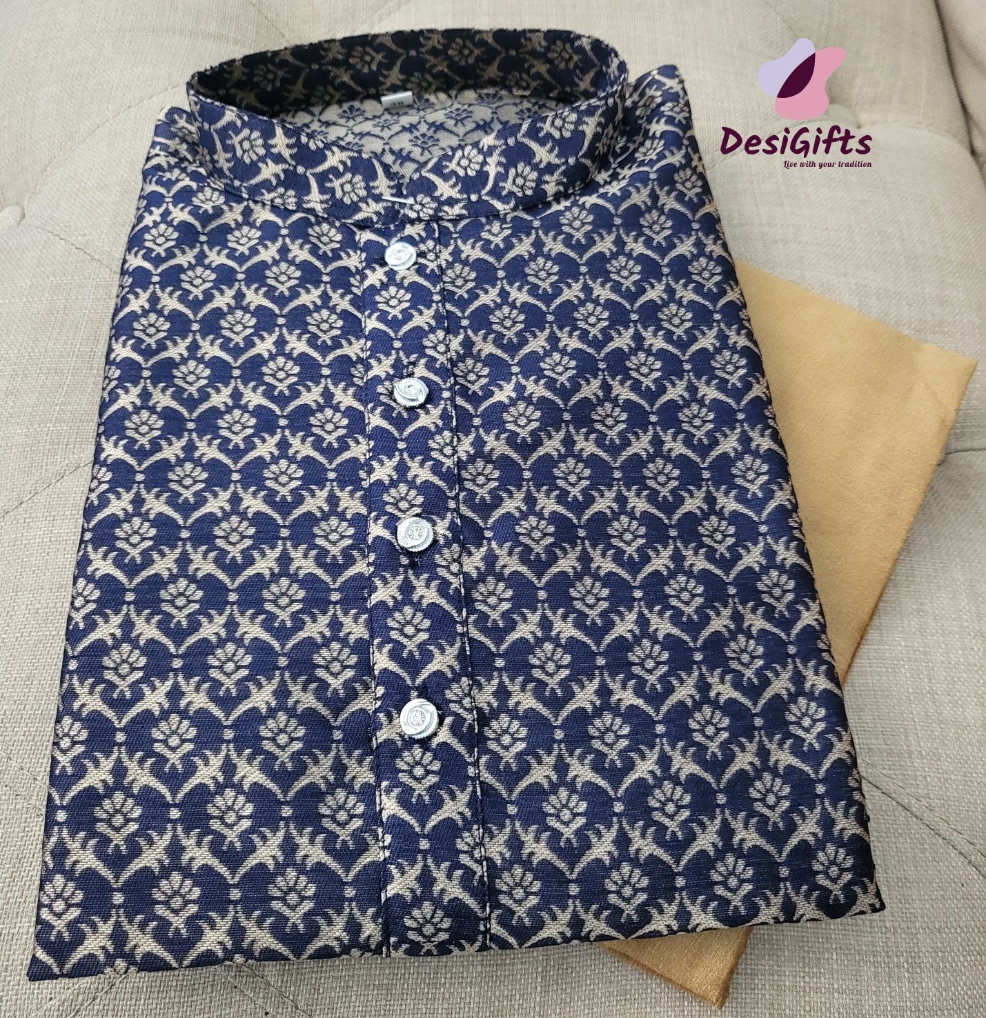 Size 38 Self Woven Indigo Blue Kurta Pajama Set-Cotton Silk, Design KPS# 663