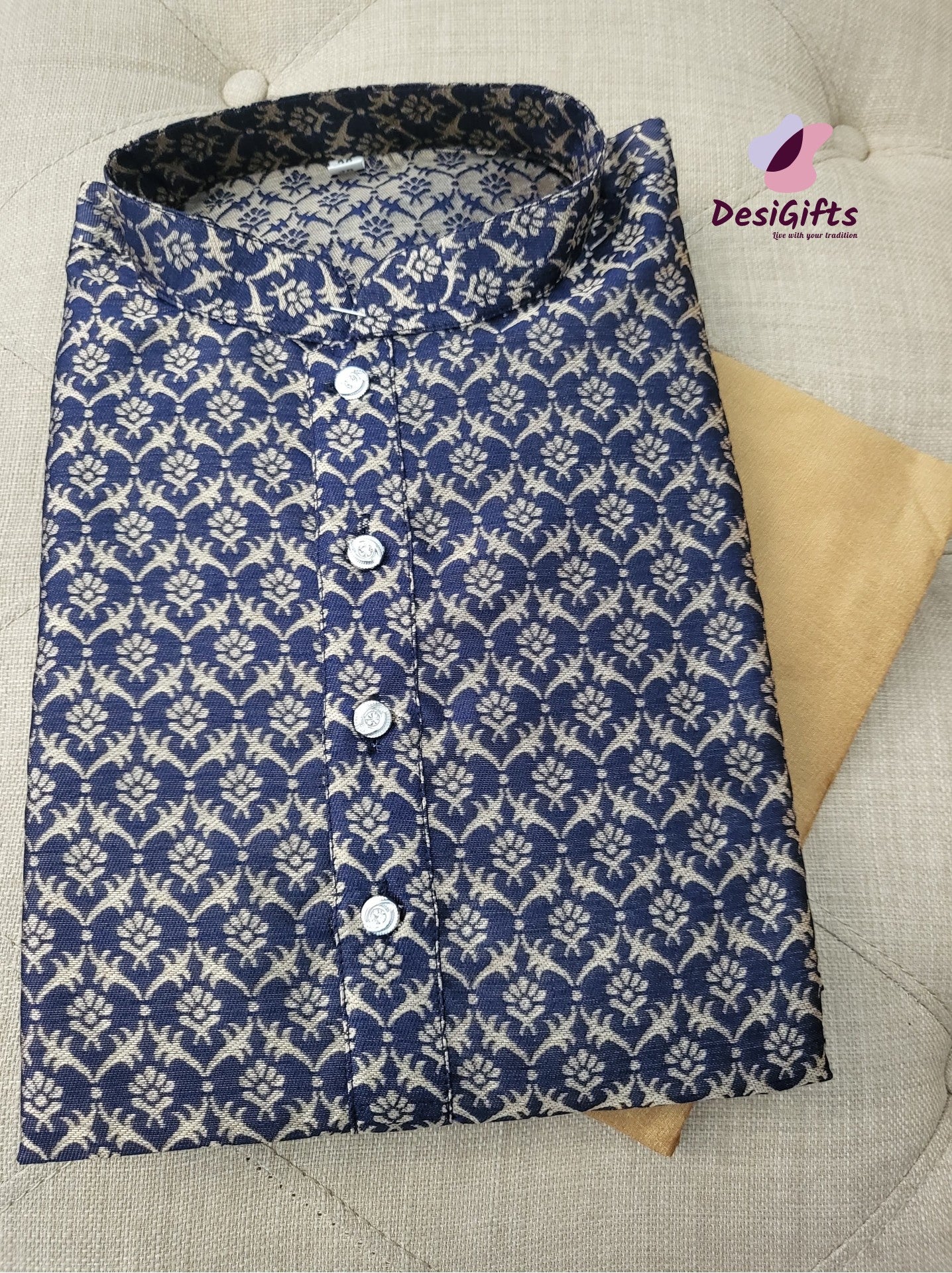 Size 38 Self Woven Indigo Blue Kurta Pajama Set-Cotton Silk, Design KPS# 663