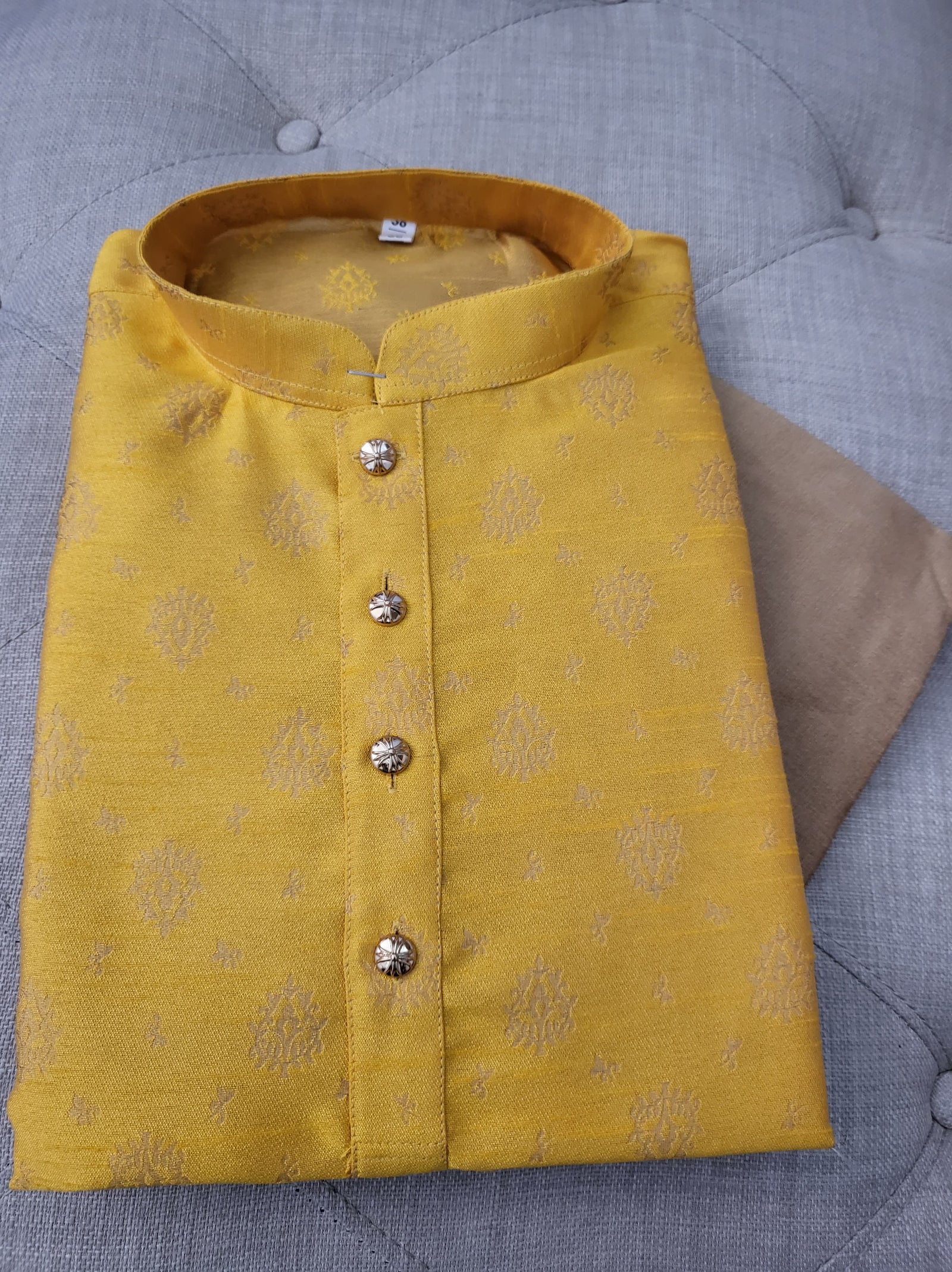 Size 38, Bumblebee Yellow Kurta Pajama Set-Cotton Silk, Design KPS# 666
