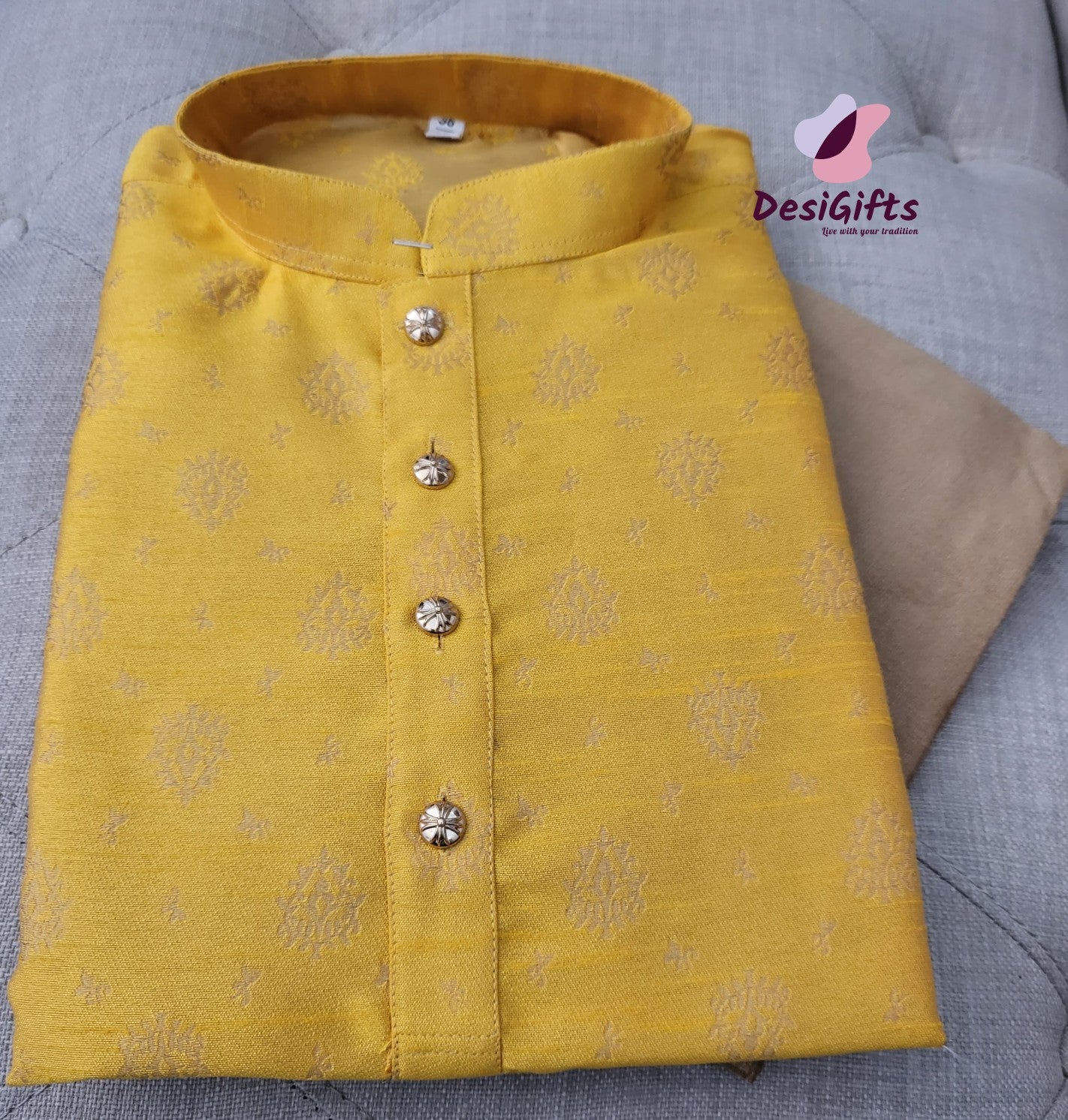 Size 38, Bumblebee Yellow Kurta Pajama Set-Cotton Silk, Design KPS# 666