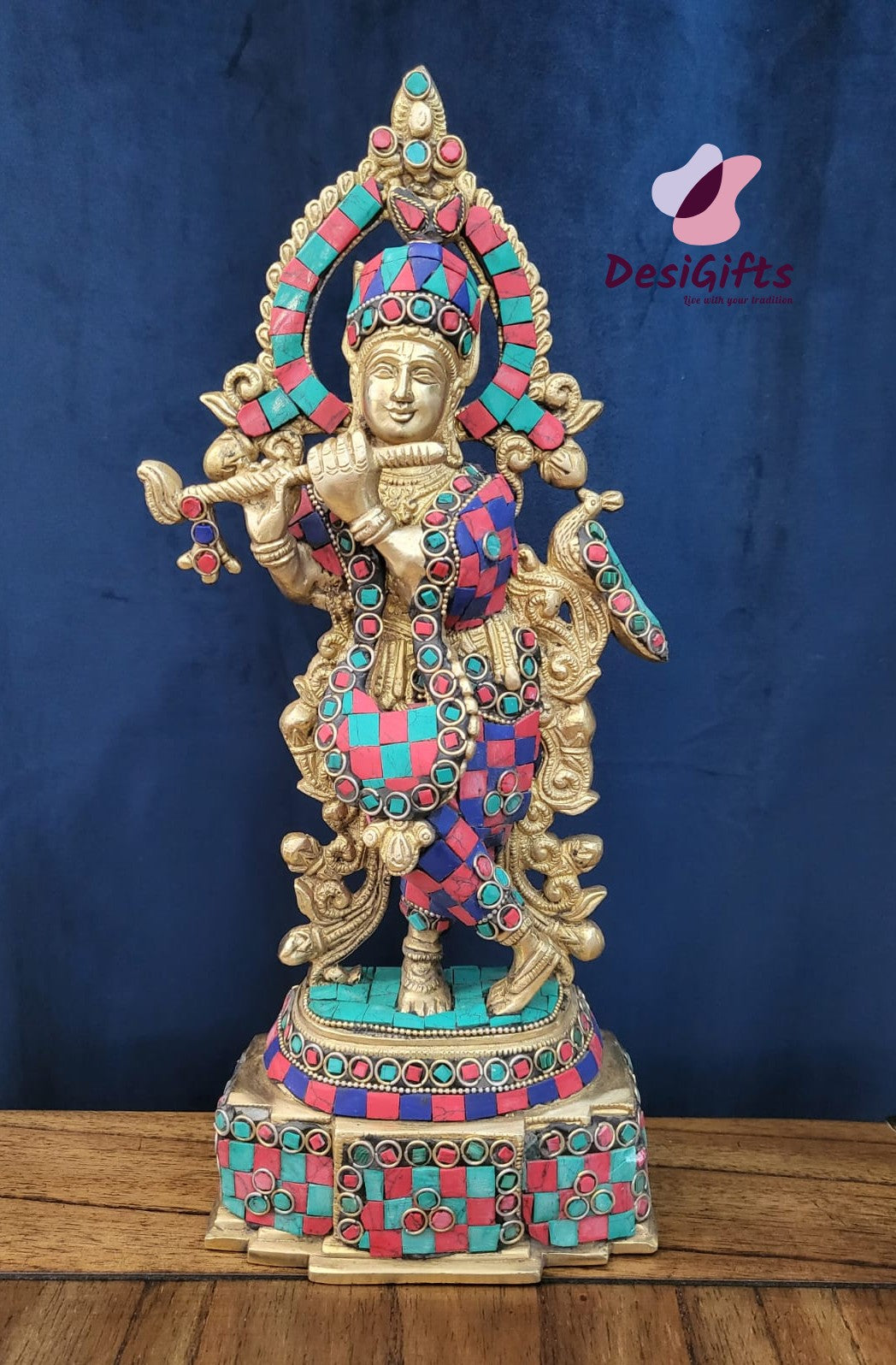 Lord Krishna Statue, 12" Height, Brass with Turquoise stones, KSB# 109