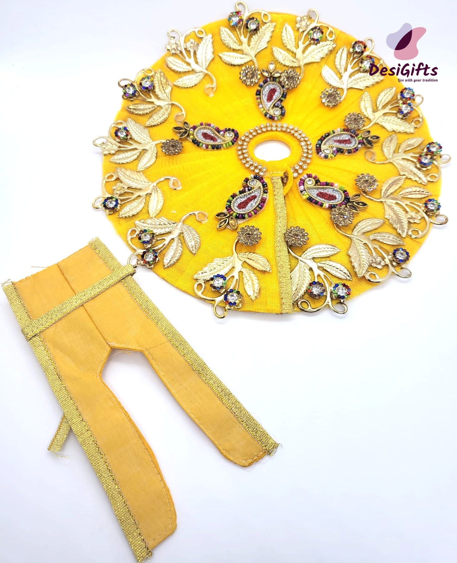 Yellow Laddu Gopal Dress with Mettalic Flowers / Krishna Poshak in all Sizes, RKF# 689