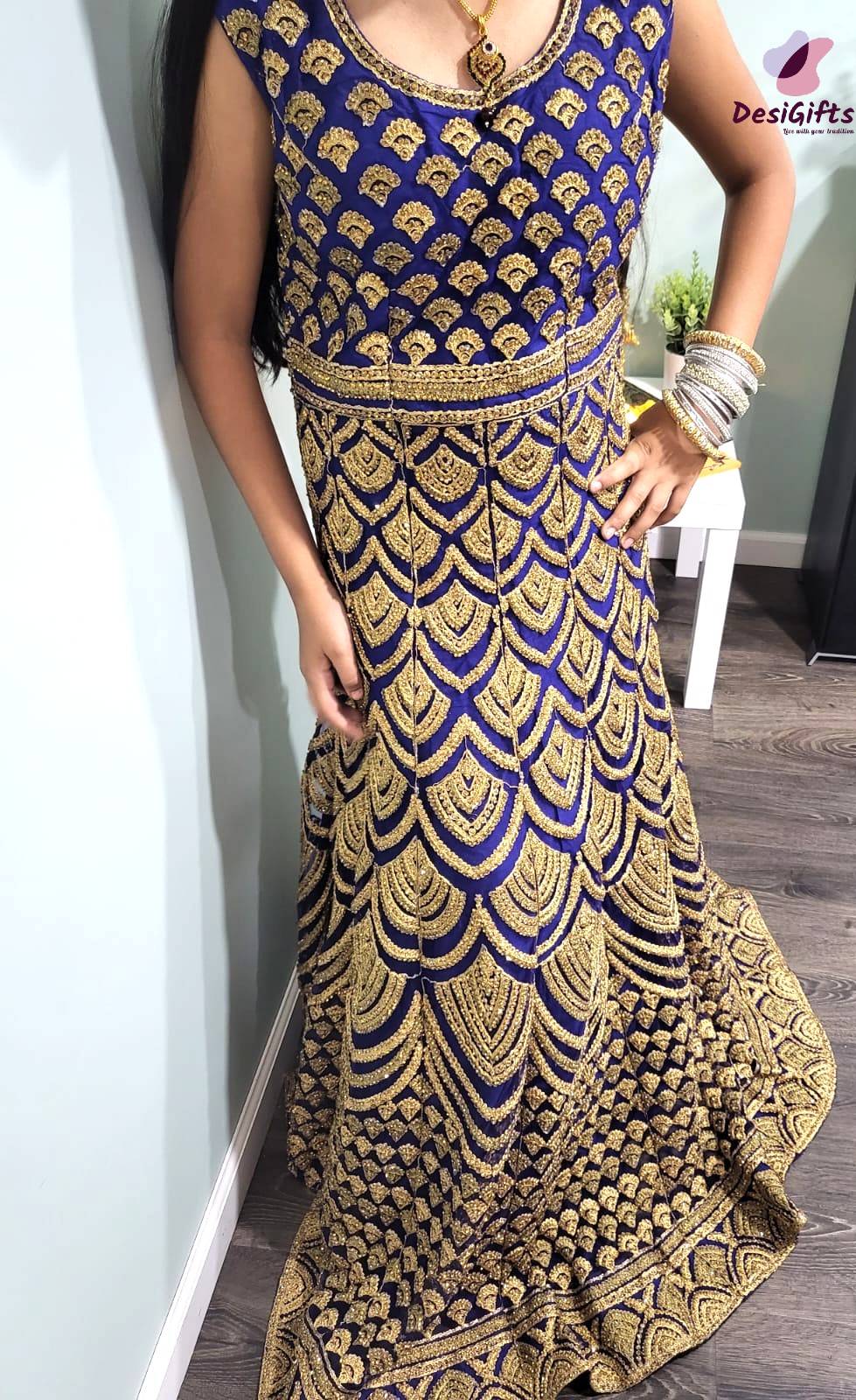 Exclusive Berry Blue Gown with Heavy Golden Work, Design GWN #936