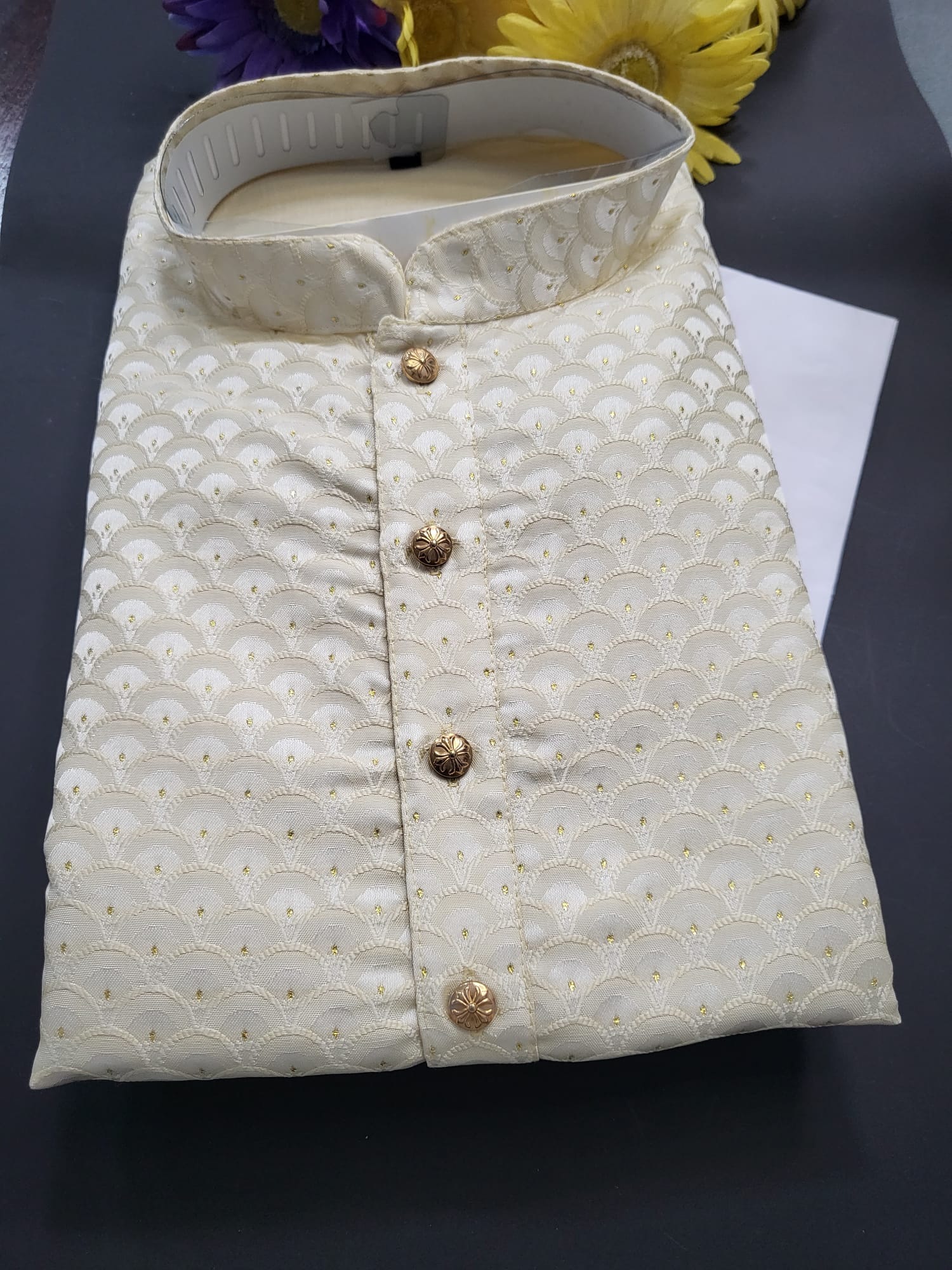 Size 46 Cream Intricate Design Kurta Pajama Set-Cotton Silk, KPS# 826
