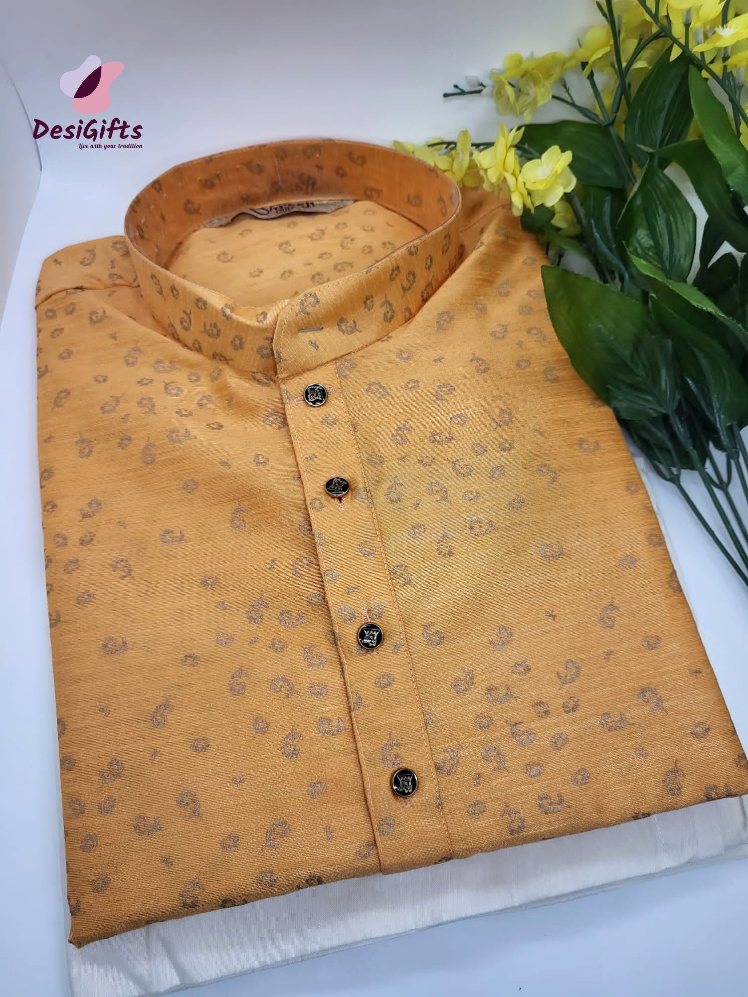 Honey Yellow with Golden Work Kurta Pajama-Cotton Silk Design KPS# 839