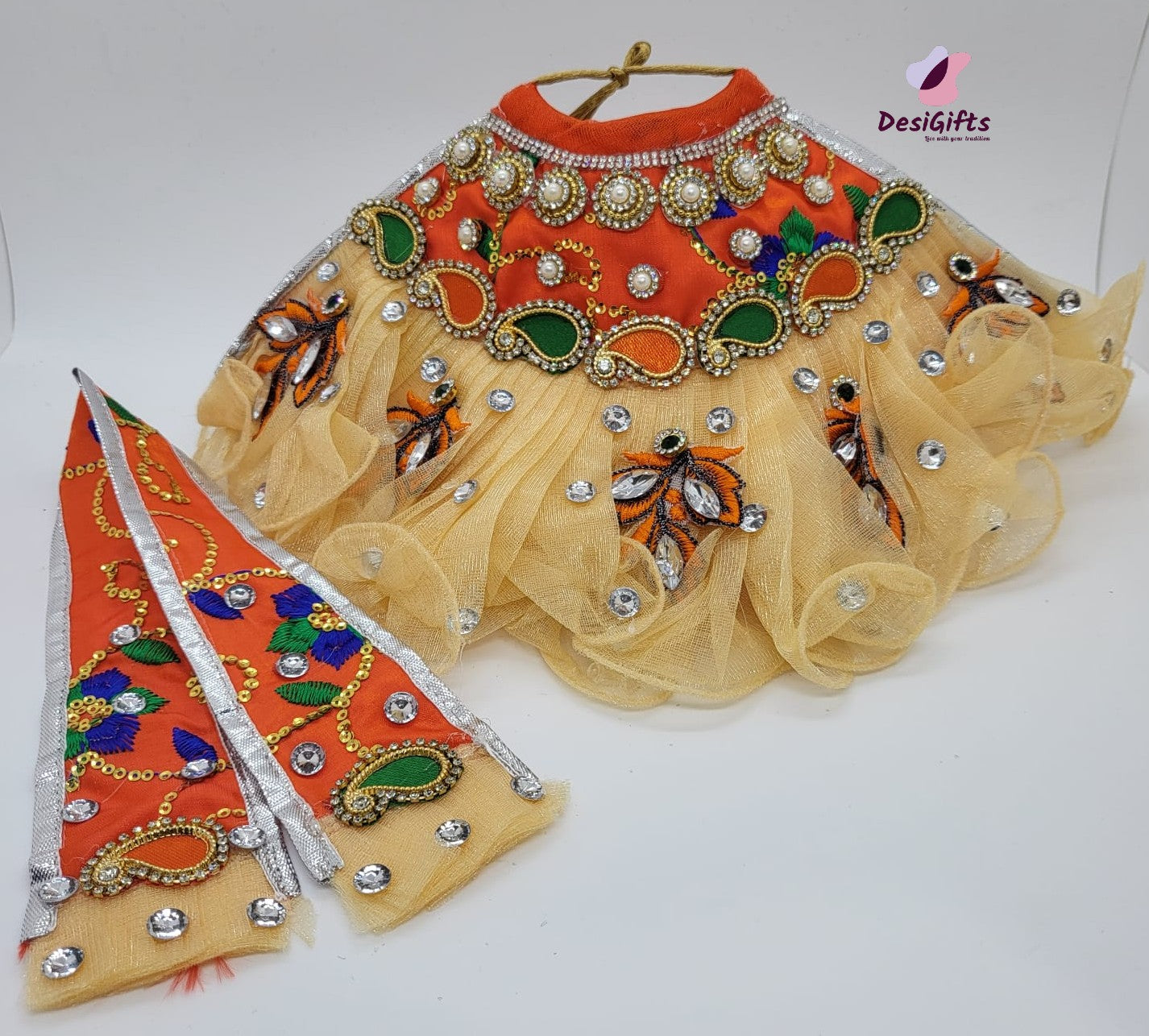 Heavy Orange/Beige Godess Durga Ji Silk Dress with Bells, RKF# 854