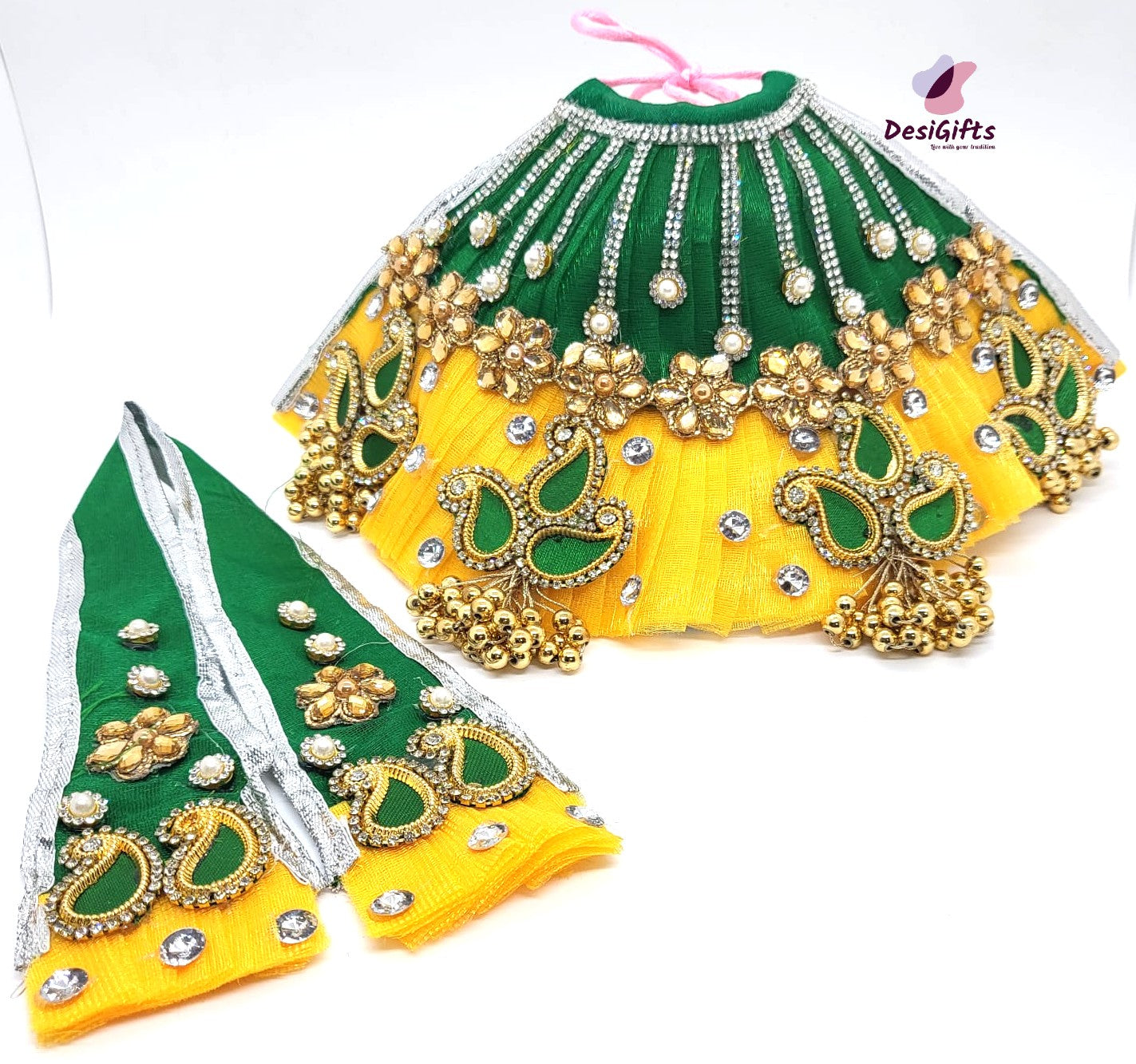 Heavy Gotapatti Bell Green/Yellow Silk Dress Godess Durga Ji , RKF#859