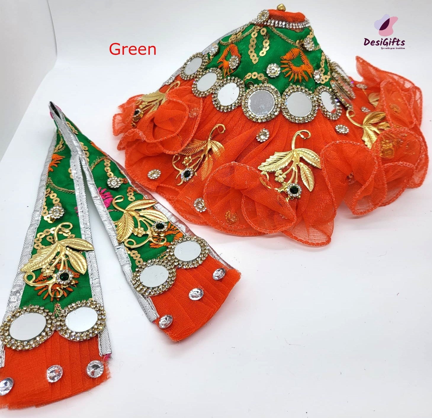 Green/Red Godess Durga Ji Silk Dress with Mirror, RKF#861