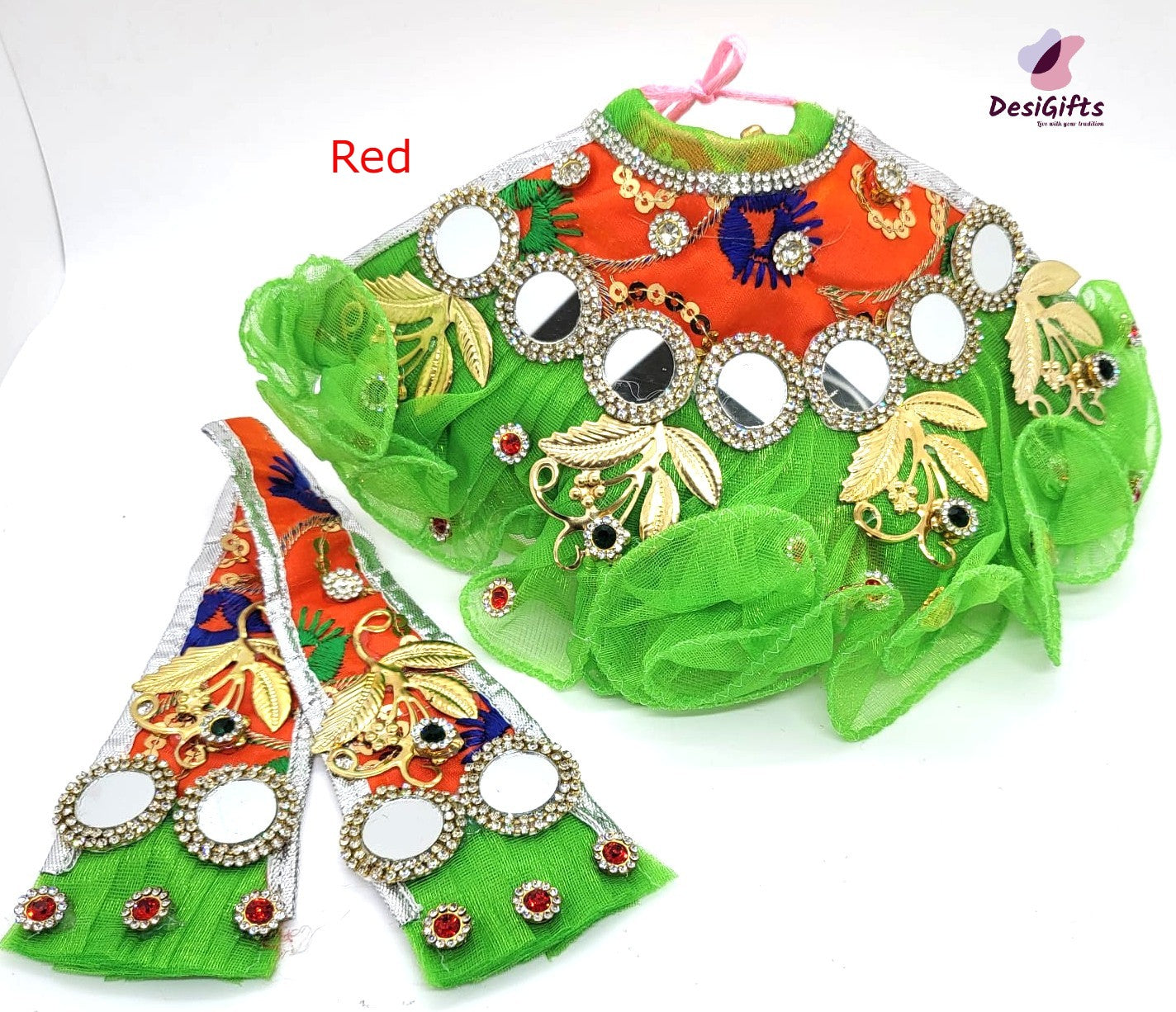 Green/Red Godess Durga Ji Silk Dress with Mirror, RKF#861