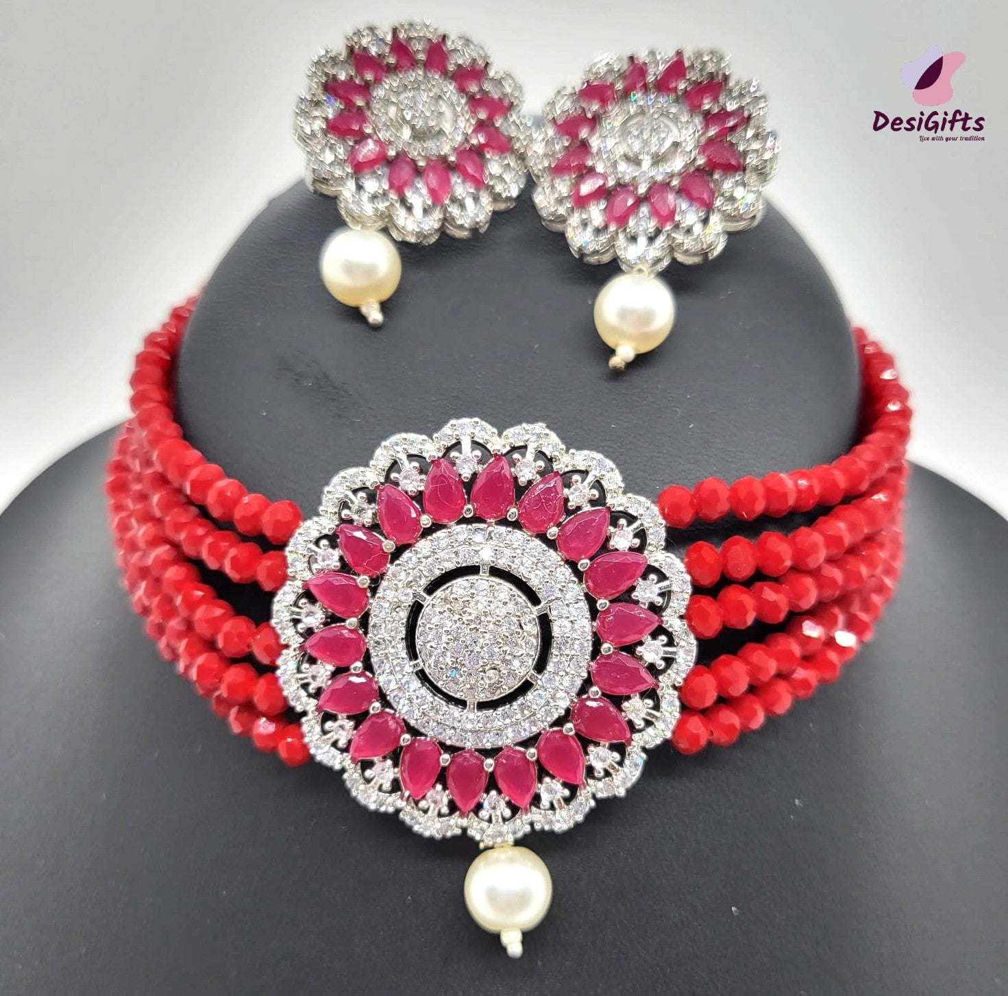 Red Pearl Indian Choker Necklace Set, NKT#868