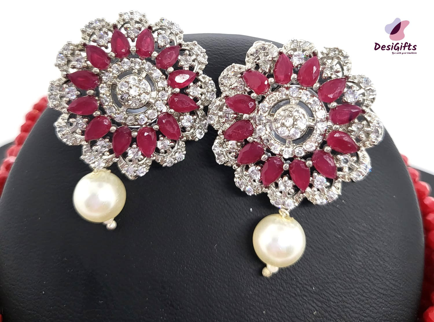 Red Pearl Indian Choker Necklace Set, NKT#868