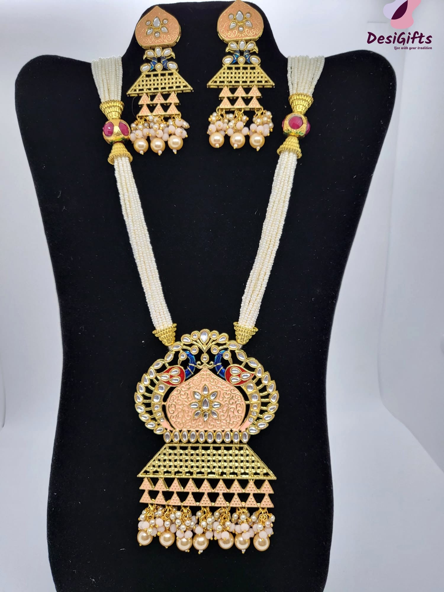 Peacock Pink Kundan Style Necklace Set, NKT#871