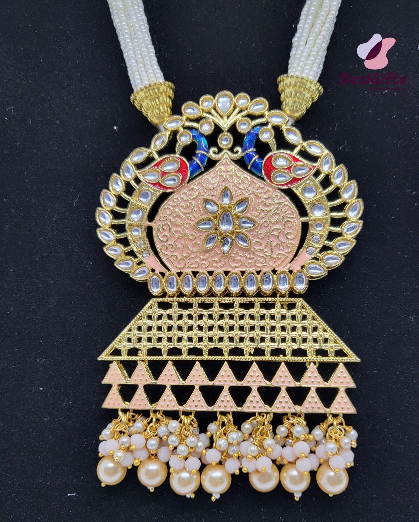 Peacock Pink Kundan Style Necklace Set, NKT#871