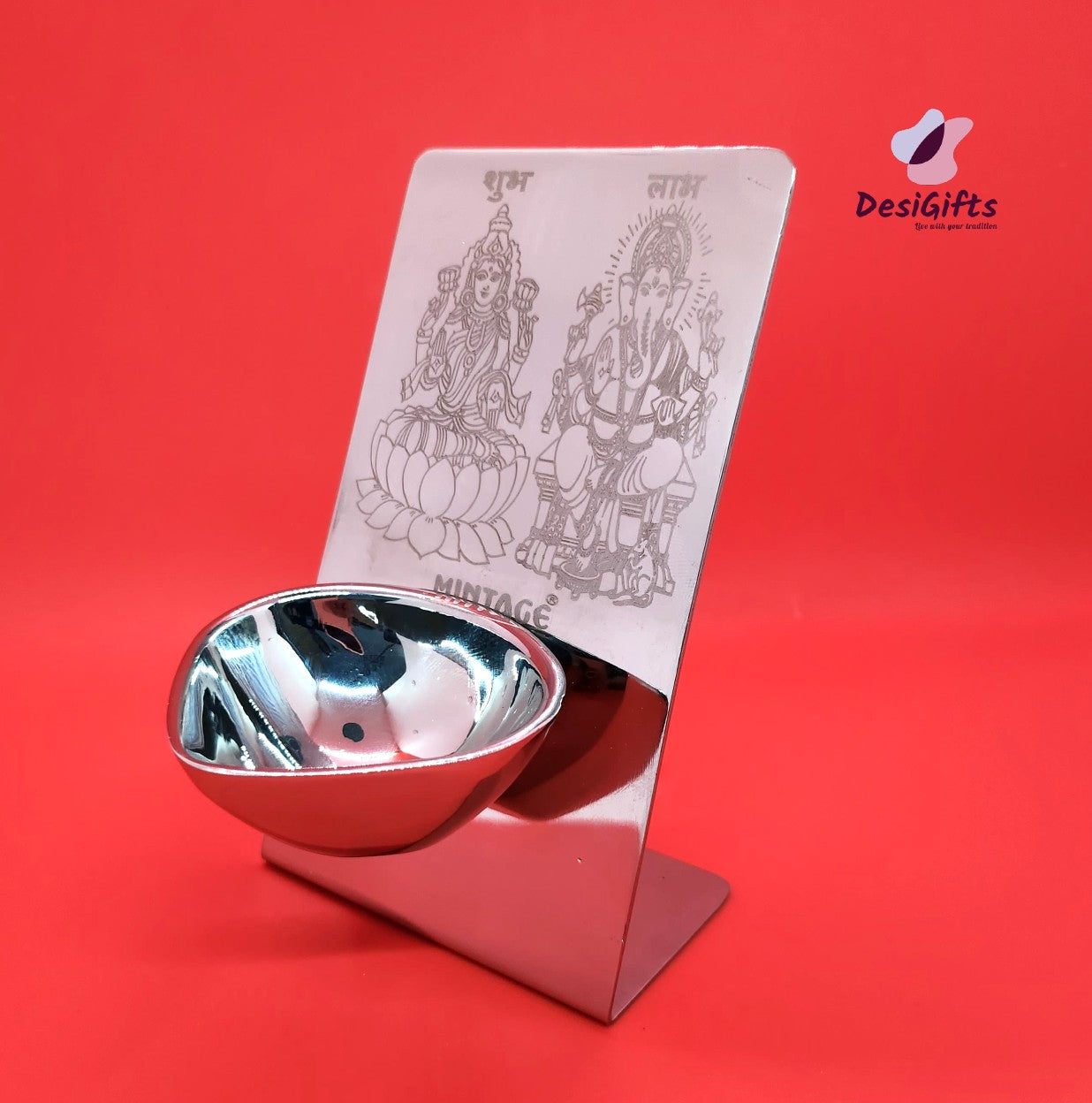 Stainless Steel Oil Lamp/ Deep / Diya with Lakshmi Ganesh Frame,  Jyot#877