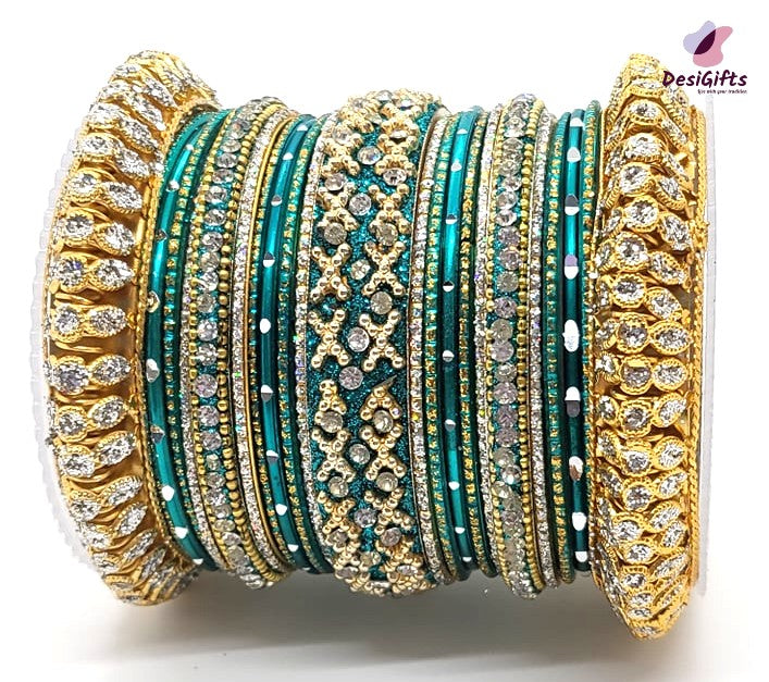 Turquoise Shade Bangles Set With Golden Kada, Size 2.8 & 2.10, BGL#455