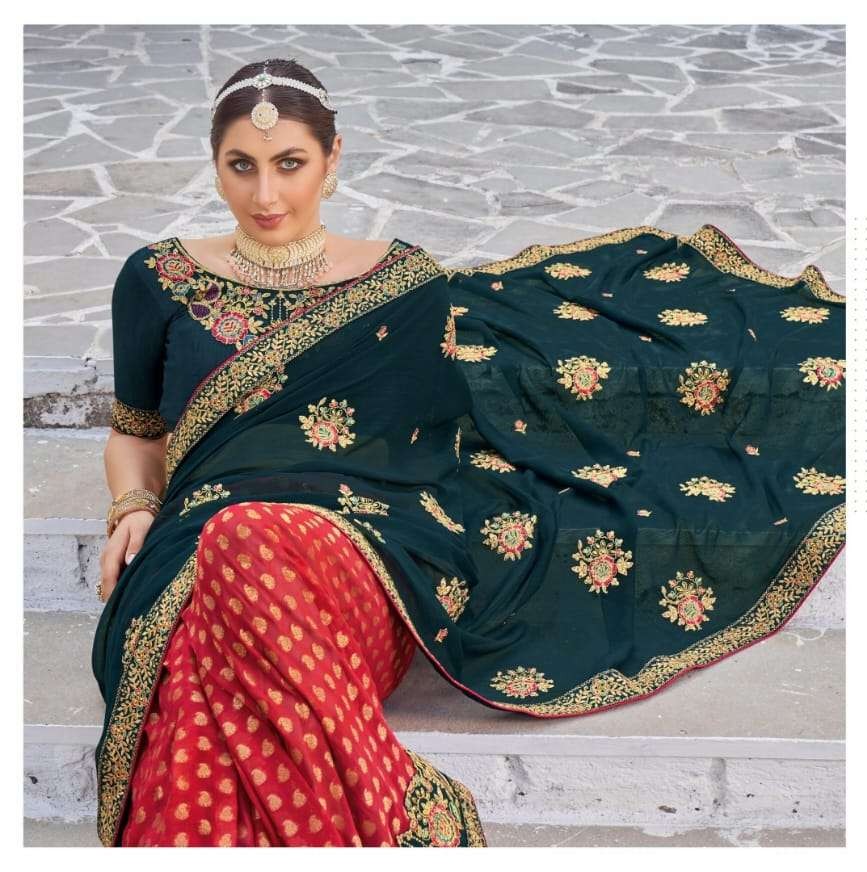 Designer Full Embroidery Saree, Peacock Green Shade, SARI#970