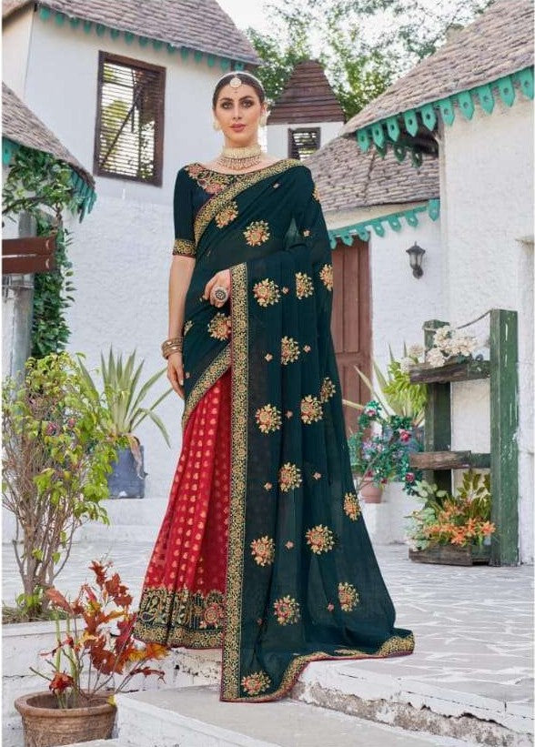Designer Full Embroidery Saree, Peacock Green Shade, SARI#970