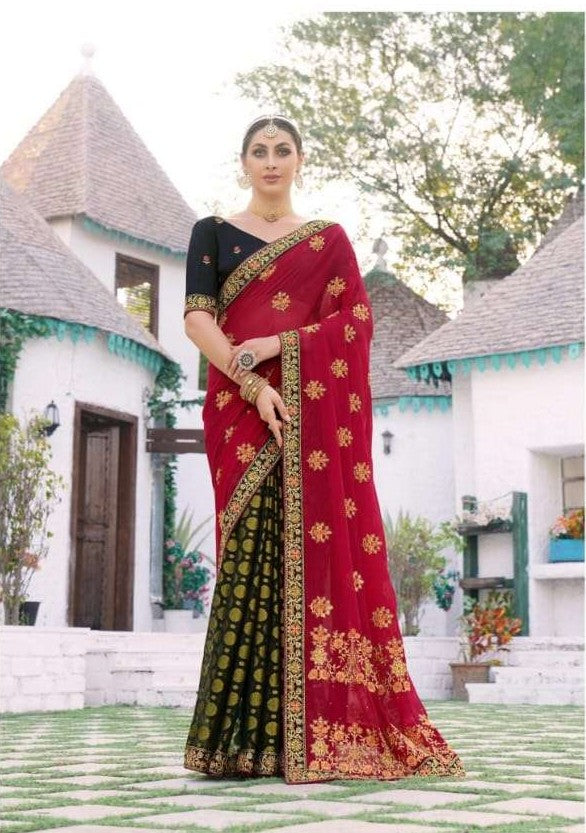 Designer Full Embroidery Saree, Red Shade, SARI#973